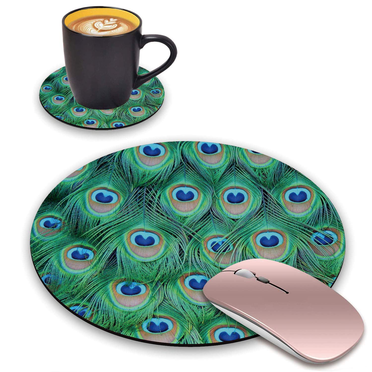 Peacock Feather Round Mouse Pad with Non-Slip Rubber Base & Coasters Set - Ergonomic Desk Accessory for Laptop, Computer, Home & Office Use - Perfect for Gaming, Work, and Study Sessions