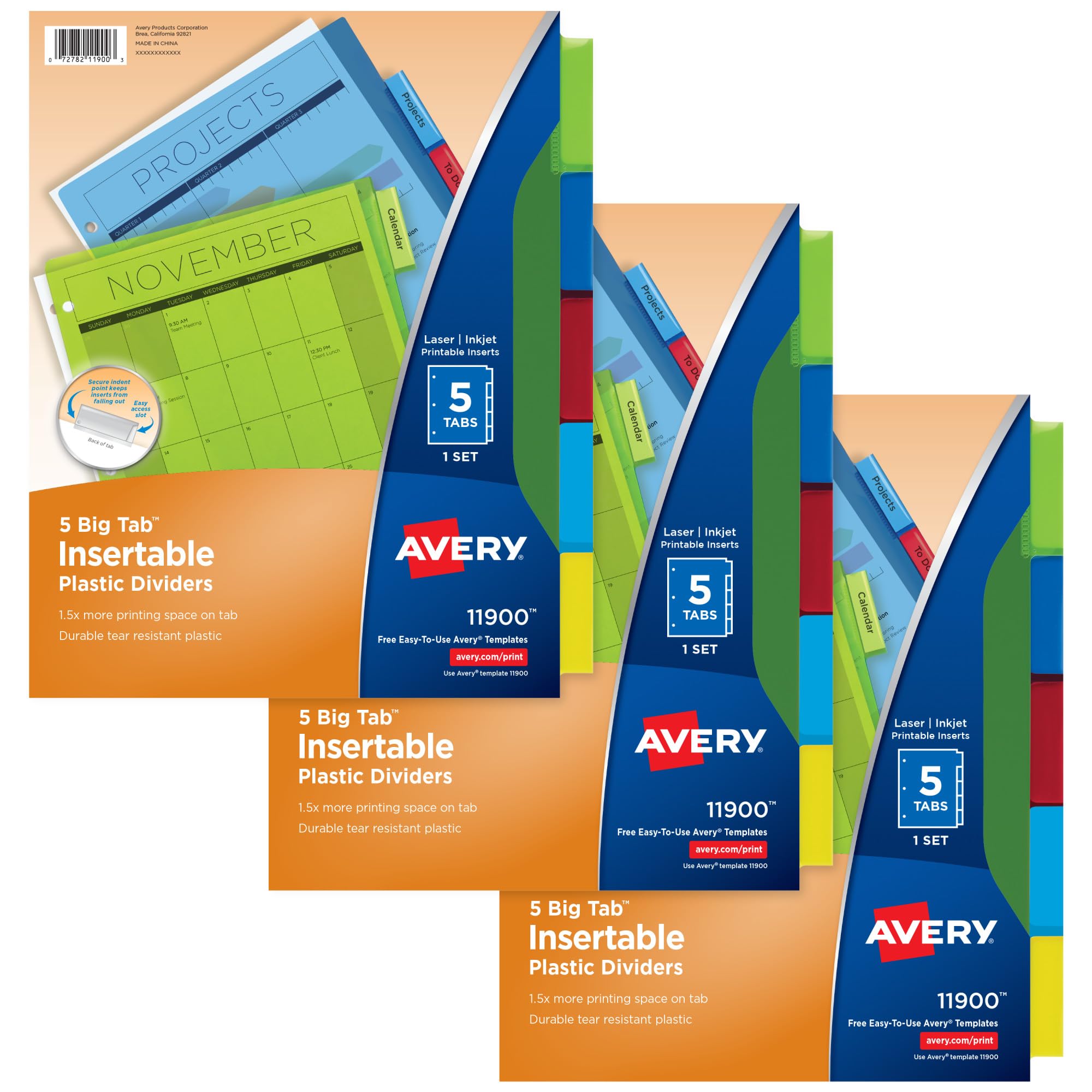 Avery 5-Tab Plastic Binder Dividers for 3-Ring Binders - Multicolor Insertable Big Tabs, 3 Sets (71900) - Perfect for School, Office Organization & Document Filing