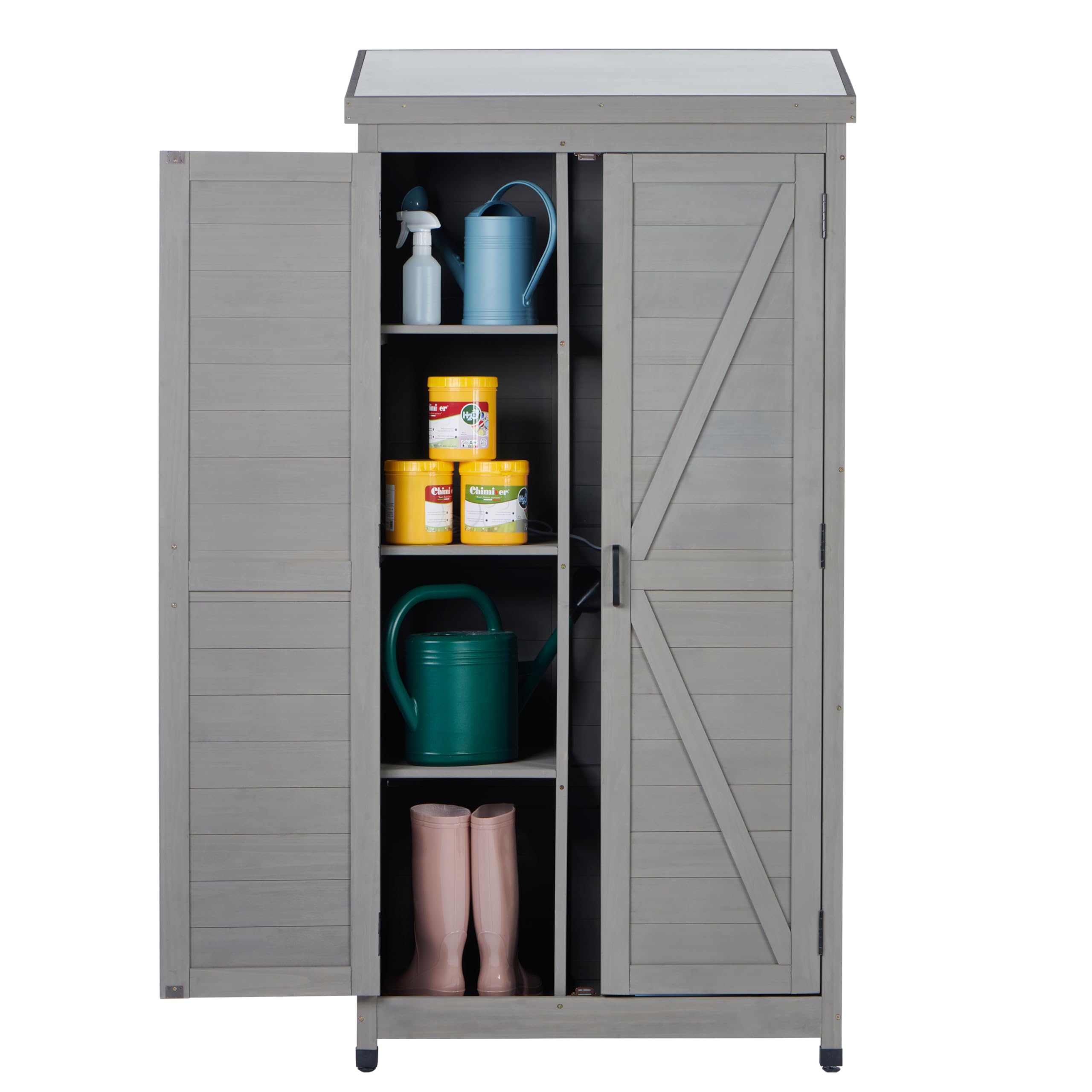 Outdoor Wooden Storage Shed with Metal Roof - Tall Vertical Tool Cabinet for Backyard, Garden, Patio & Lawn Organization | Perfect for Storing Gardening Tools, Lawn Equipment & Outdoor Supplies