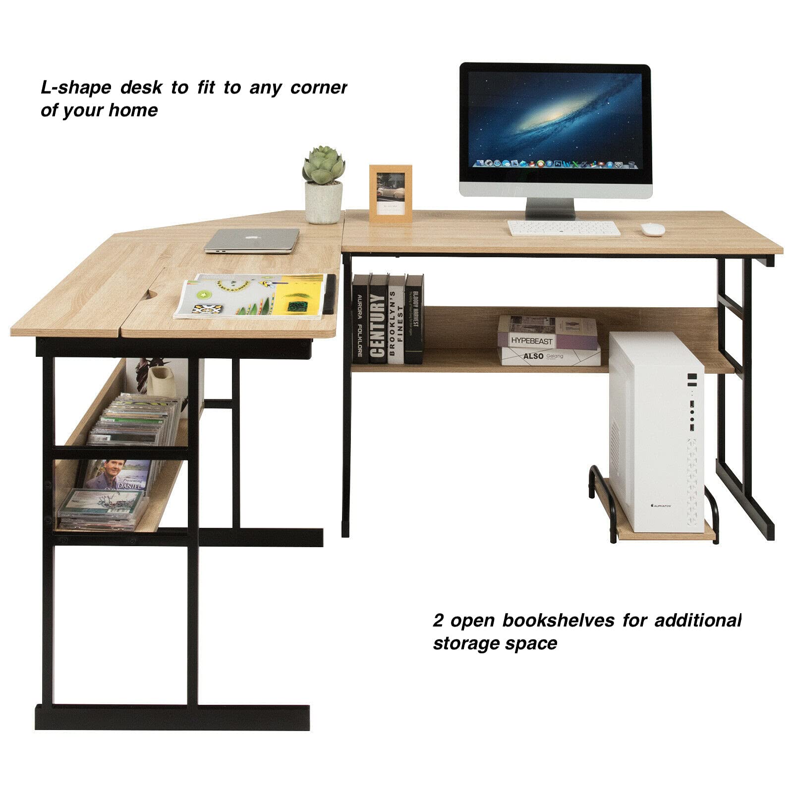 Ergonomic L-Shaped Corner Computer Desk with Adjustable Tilt Top - Home Office Workstation with 2 Open Bookshelves, Perfect for Writing, Drawing & Studying - Convertible into 2 Separate Tables for Versatile Workspace Solutions
