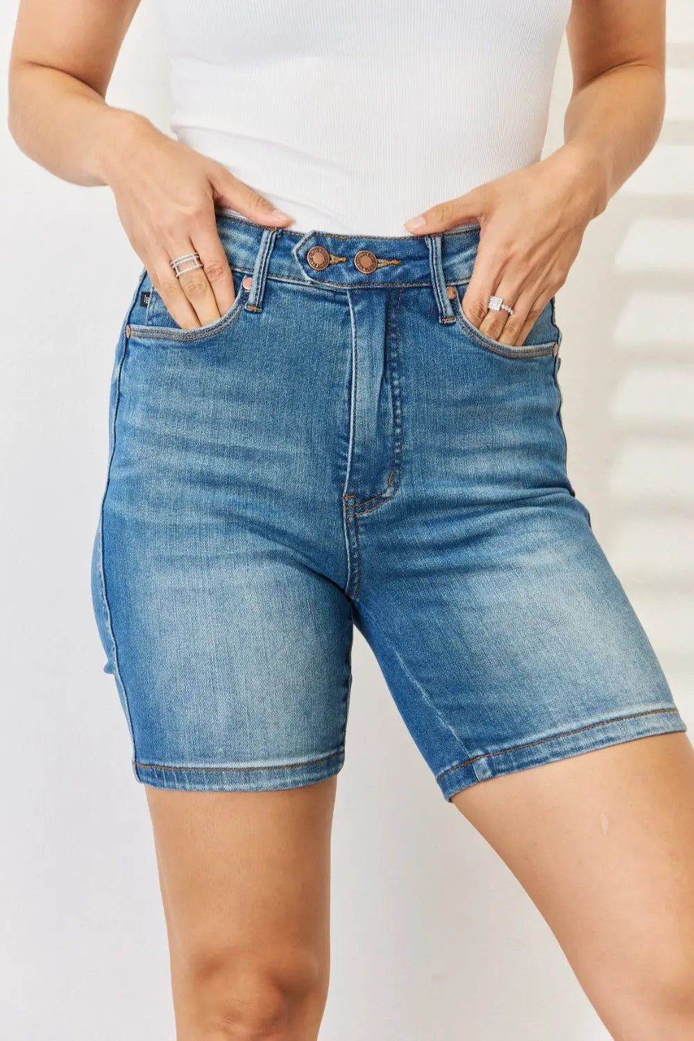 Judy Blue Women's Tummy Control Bermuda Denim Shorts with Double Button Closure - High Waisted Stretch Denim Shorts for Summer, Casual Wear & Beach Outfits