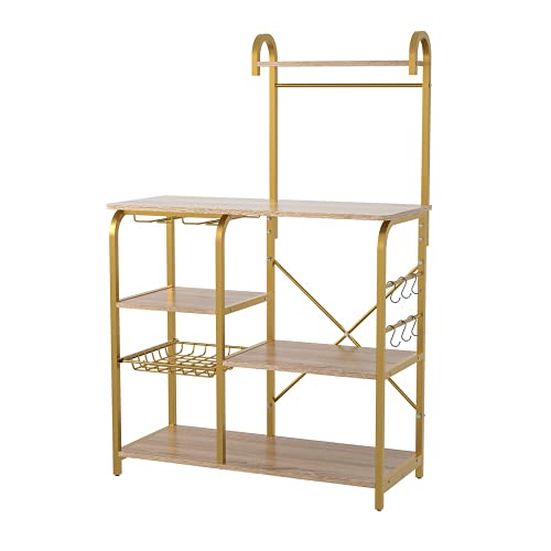 Sturdy Microwave Shelf with 6 S-Hooks & Pull-Out Mesh Basket - 6-Tier Kitchen Organizer Rack for Microwave, Pantry, Office & Bathroom Storage (Gold) - Perfect for Small Space Organization & Countertop Storage Solutions