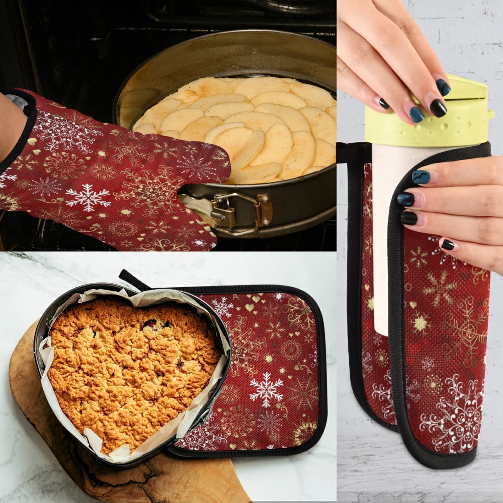 ALAZA Heat Resistant Christmas Snowflake Oven Mitt & Pot Holder Set - Gold White Red Kitchen Gloves for Cooking, Baking, Grilling, BBQ - Perfect Holiday Gift for Home Chefs & Bakers