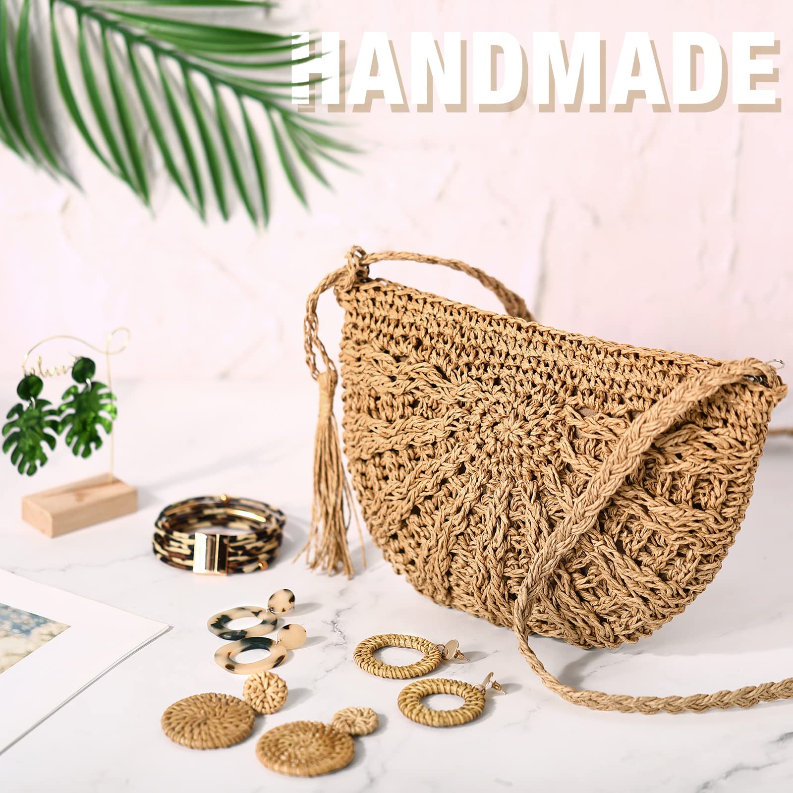 Boho Straw Shoulder Bag for Women - Crossbody Beach Purse Set with 4 Rattan Tropical Earrings & Leopard Bracelet | Vacation, Summer Outfits, Beach Accessories