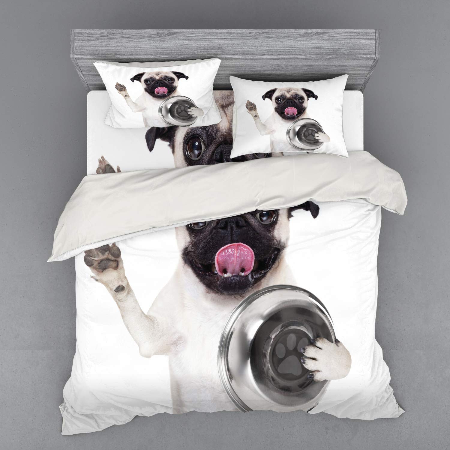 Ambesonne Pug Dog Themed 4-Piece King Size Bedding Set - Duvet Cover with 2 Pillow Shams & Fitted Sheet, Cream Grey Black Design Featuring Hungry Pug Holding Food Bowl - Perfect for Dog Lovers' Bedroom Decor & Cozy Pet-Themed Home Styling