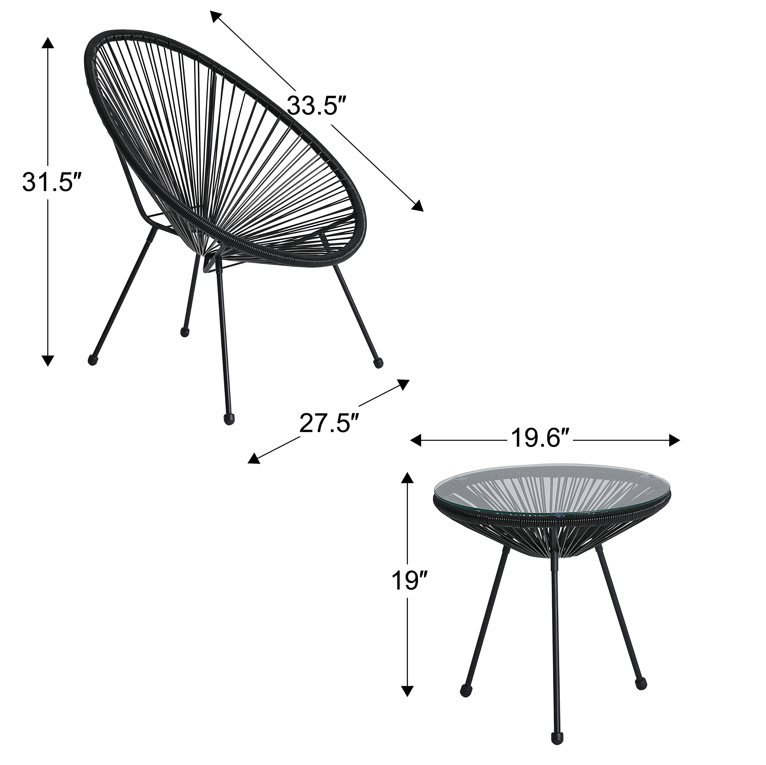 3-Piece Patio Furniture Set - Acapulco Chairs with Glass Top Table, All-Weather Indoor Outdoor Bistro Set for Garden, Balcony, Poolside & Backyard Relaxation