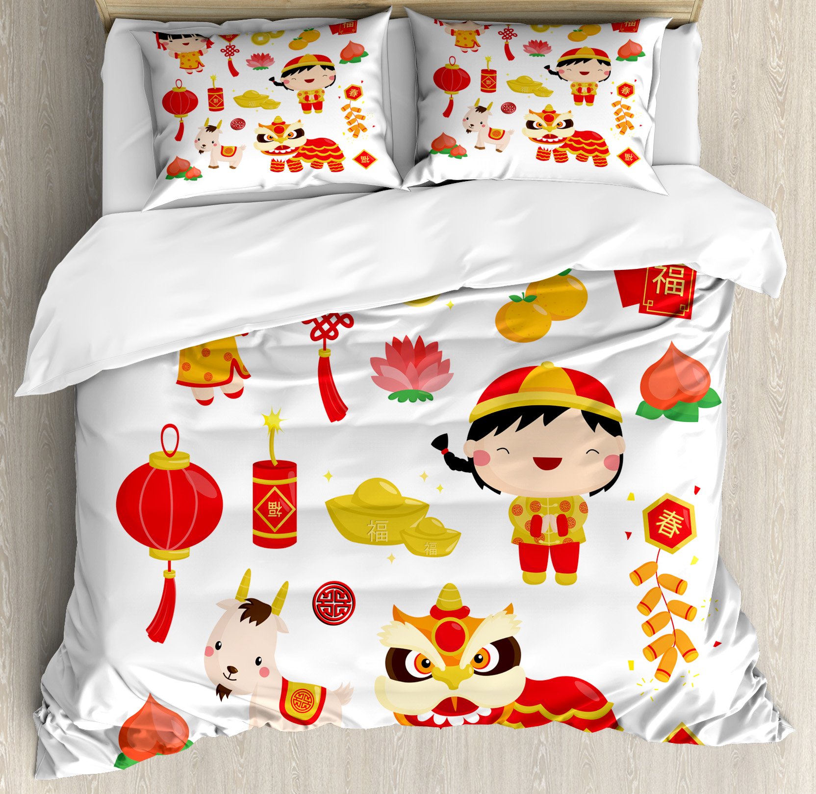 Ambesonne Chinese New Year Duvet Cover Set - Joyful Holiday Themed with Animals & Cultural Elements - 3 Piece King Size Bedding Set with 2 Pillow Shams - Vibrant Multicolor for Festive Home Decor & Asian-Inspired Bedroom Styling