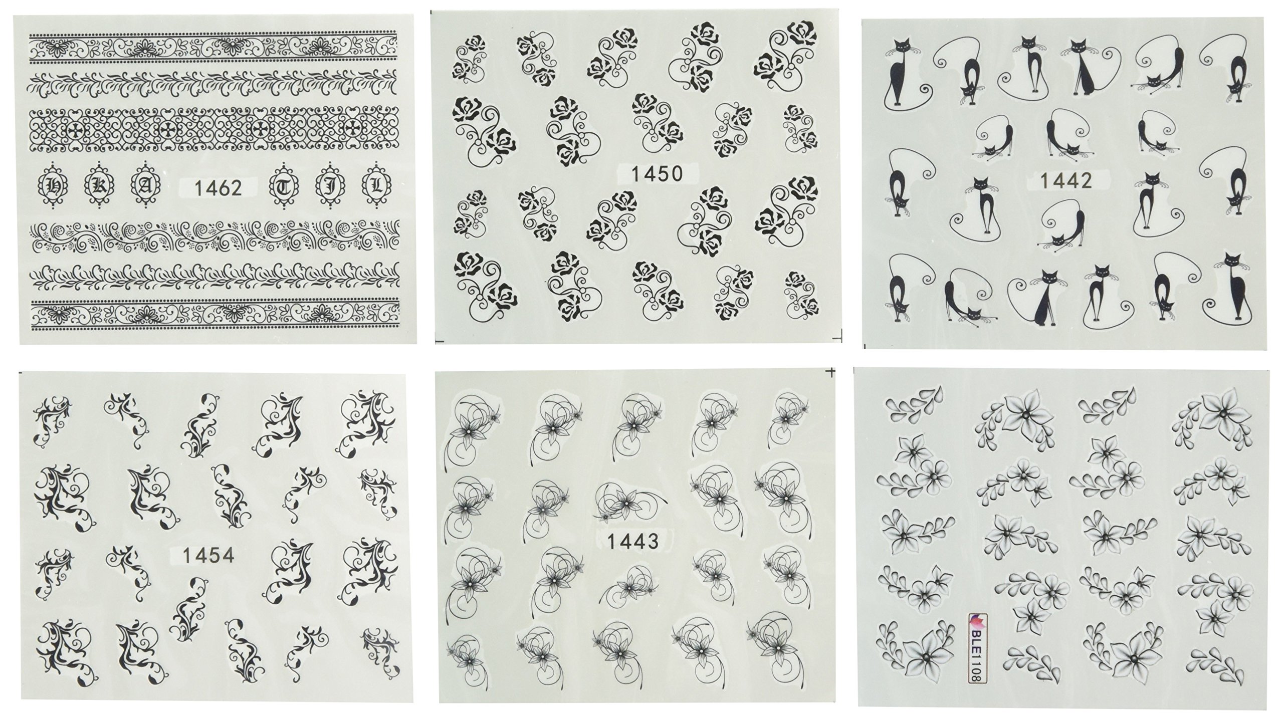 Wrapables Nail Art Water Transfer Stickers - Black & White Nail Tattoo Decals (6 Sheets) | Easy DIY Nail Designs for Parties, Weddings & Special Occasions