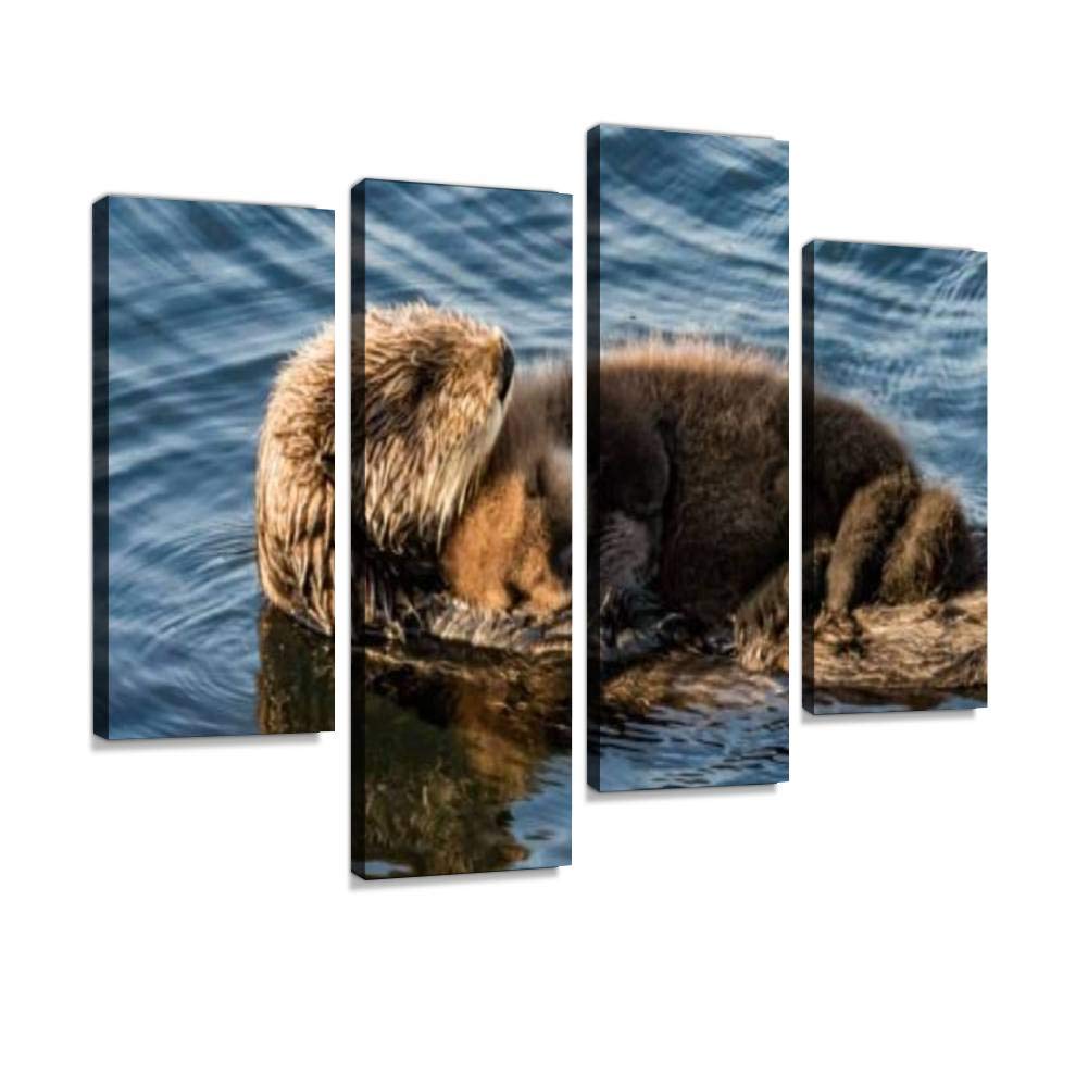 Sea Otter and Pup Canvas Wall Art - Modern Framed Painting Set of 4 Panels - Ready to Hang Home Decor for Living Room, Bedroom & Nursery - Cute Marine Animal Nursery Wall Decor