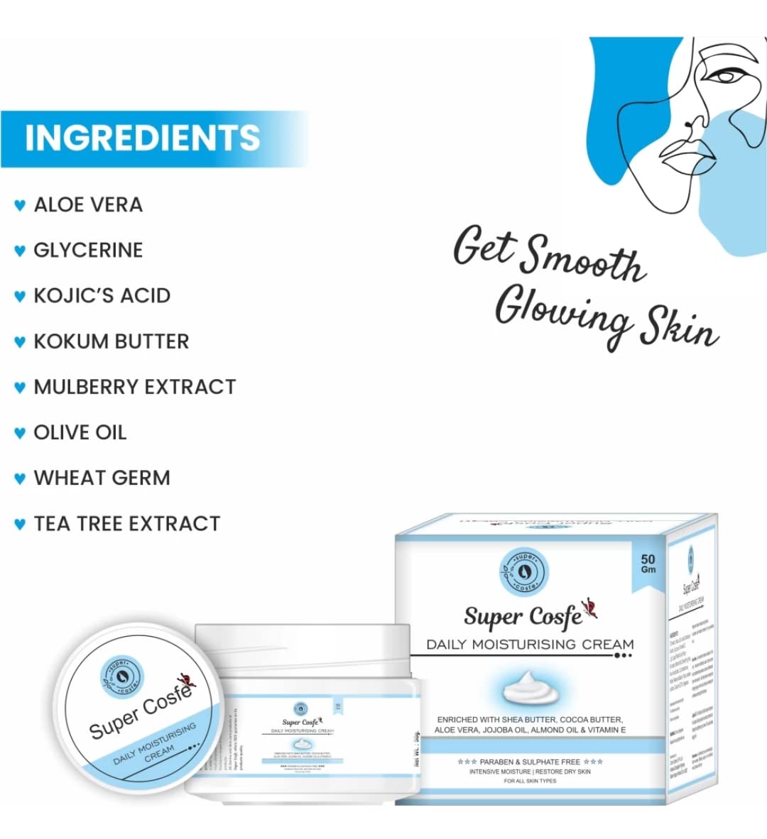 SUPER COSFE Moisturizing Cream with Aloe Vera, Vitamin E & Cocoa Butter - Hydrating Face Moisturizer for Dry Skin - Jojoba Oil Enriched, Paraben & Sulfate Free (50g) - Perfect for Daily Skincare Routine & Nighttime Hydration