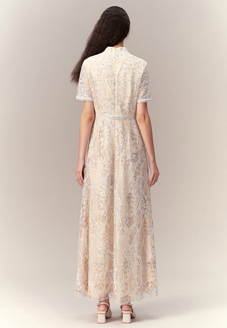 Elegant Cream Floral Lace Dress for Women - Summer Wedding Guest Dress, Garden Party Outfit & Romantic Date Night Attire