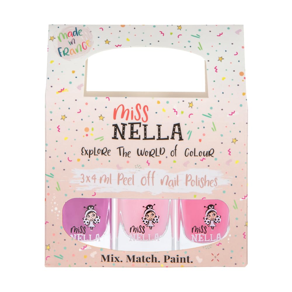 MISS NELLA Sweet Little Pack - Non-Toxic Water-Based Peel Off Nail Polish Set for Kids (3 Colors: Cheeky Bunny, Pink A Boo, Little Poppet) - Safe, Easy to Apply & Remove - Perfect for Birthday Parties, Playdates & DIY Nail Art Fun
