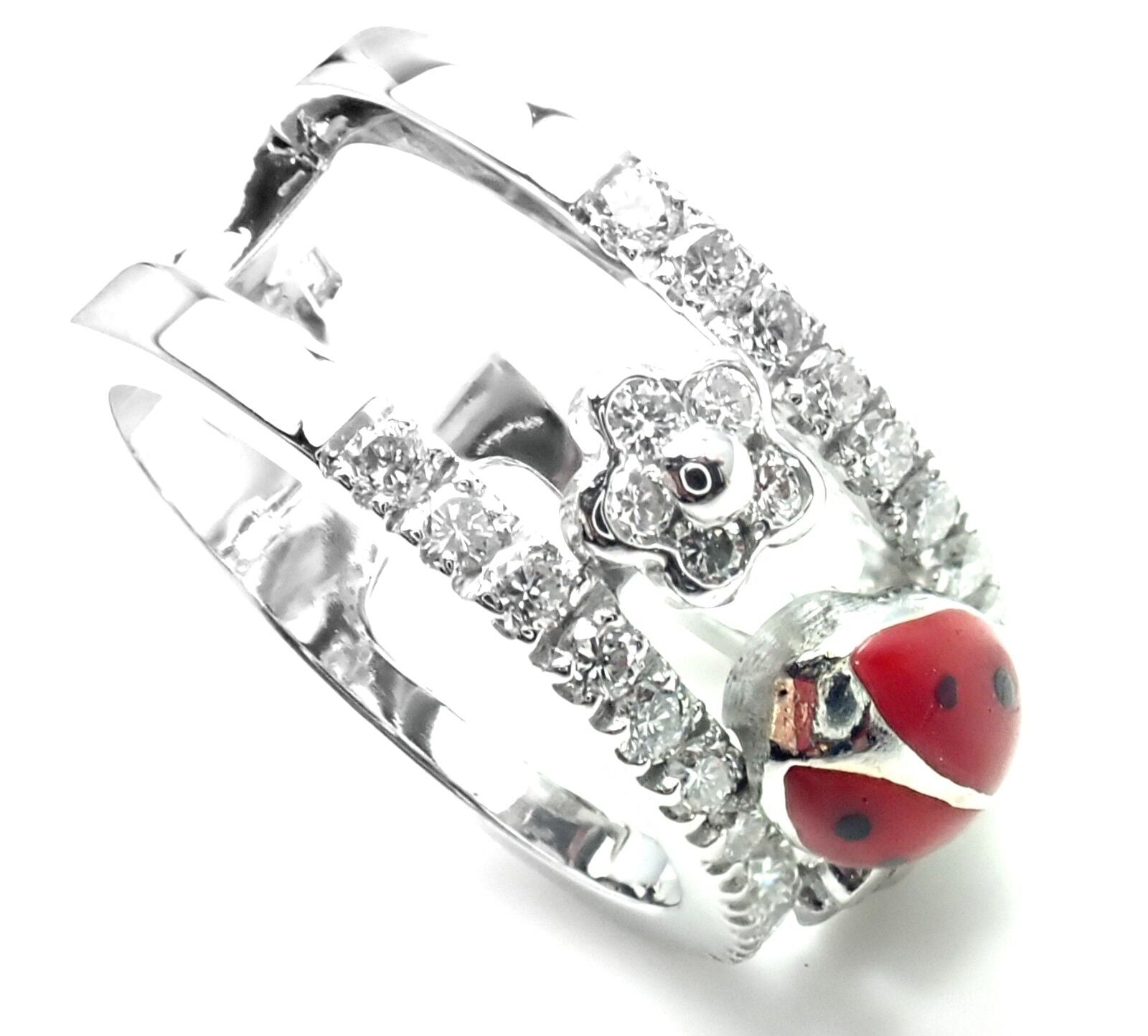 Authentic Aaron Basha 18k White Gold Diamond Red Enamel Ladybug Band Ring - Perfect for Valentine's Day Gifts, Anniversary Presents & Everyday Luxury Jewelry