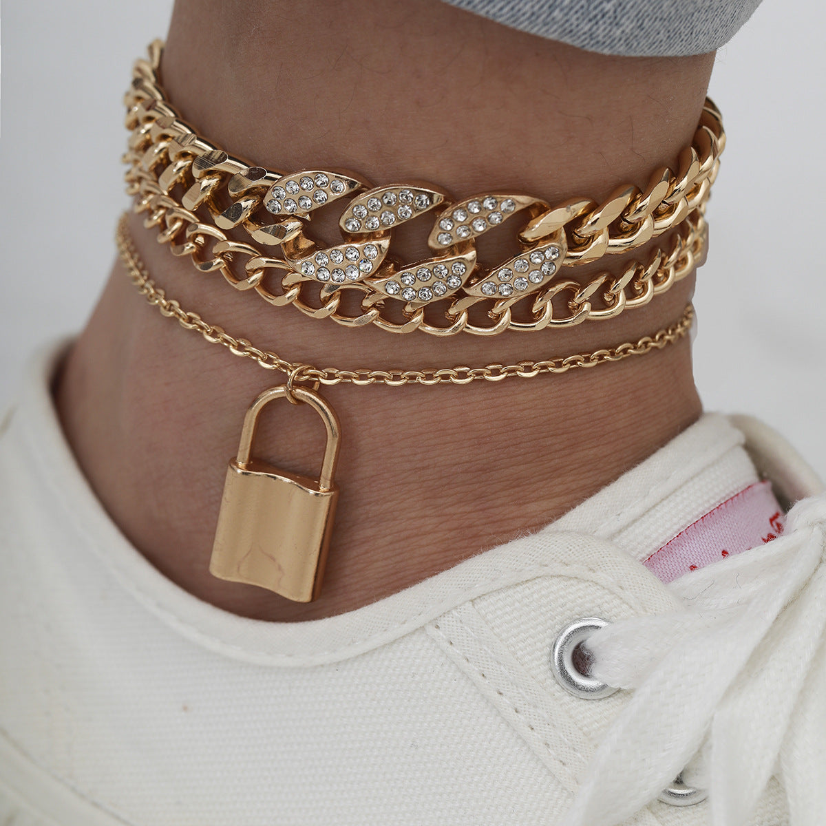 Retro Stacking Micro Inlaid Fashion Anklet for Women - Hip Hop Cuban Chain Lock Design Jewelry - Perfect for Parties, Concerts and Streetwear Style