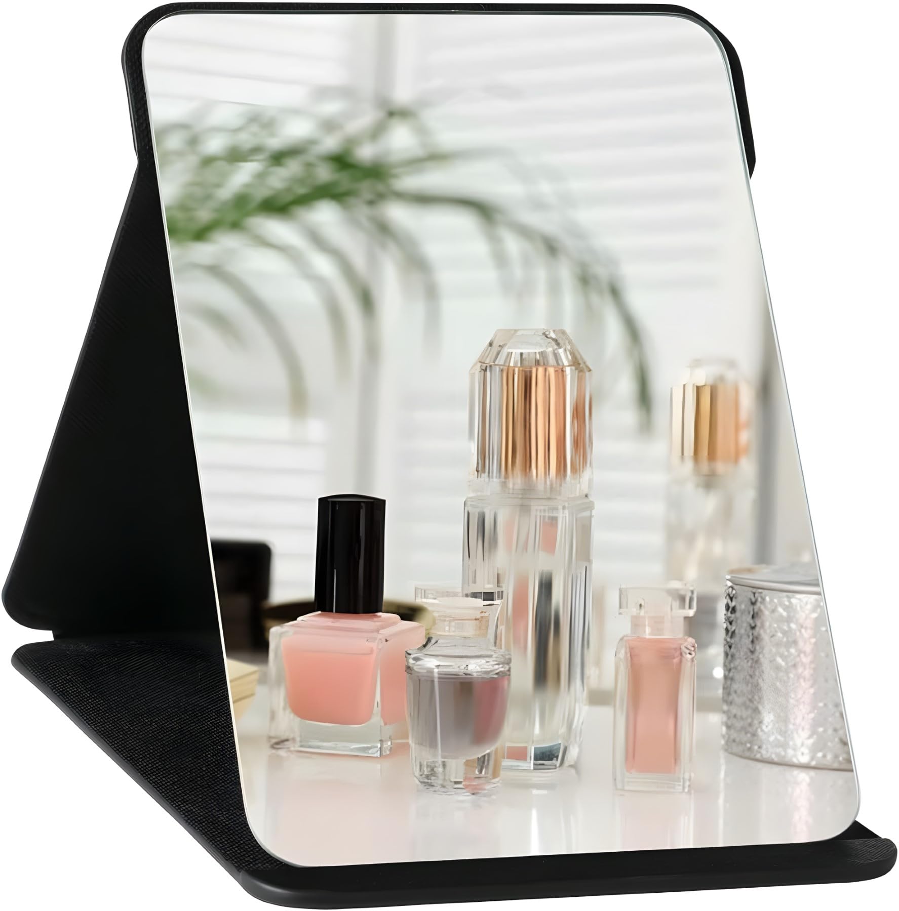 ONICORN Folding Makeup Mirror with Stand - Portable Travel Vanity Mirror, HD Round Edge Glass, Adjustable Angle, PU Leather Case (Black) - Perfect for Home, Travel & Professional Makeup Application