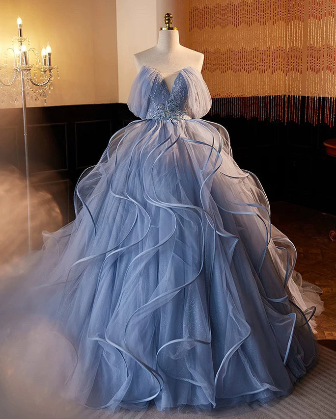 Elegant A-Line V-Neck Tulle Lace Long Prom Dress in Gray-Blue | Sweet 16 Formal Gown | Perfect for Homecoming, Quinceañera & Evening Parties