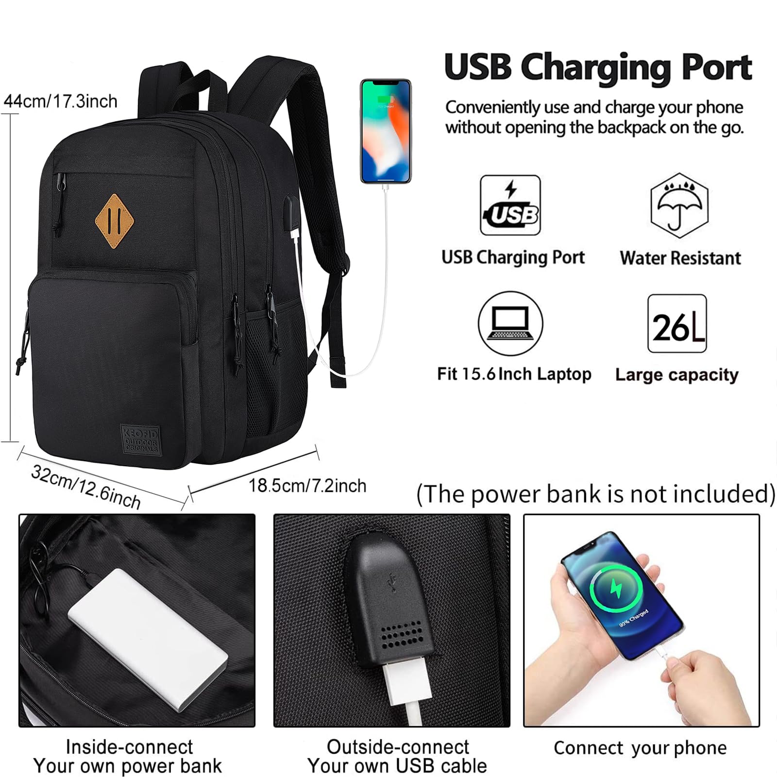 KEOFID Anti Theft Travel Backpack for Men & Women - USB Charging Laptop Backpack, Water Resistant College Work Bag (Black) - Perfect for Business Trips, Commuting & Campus Life