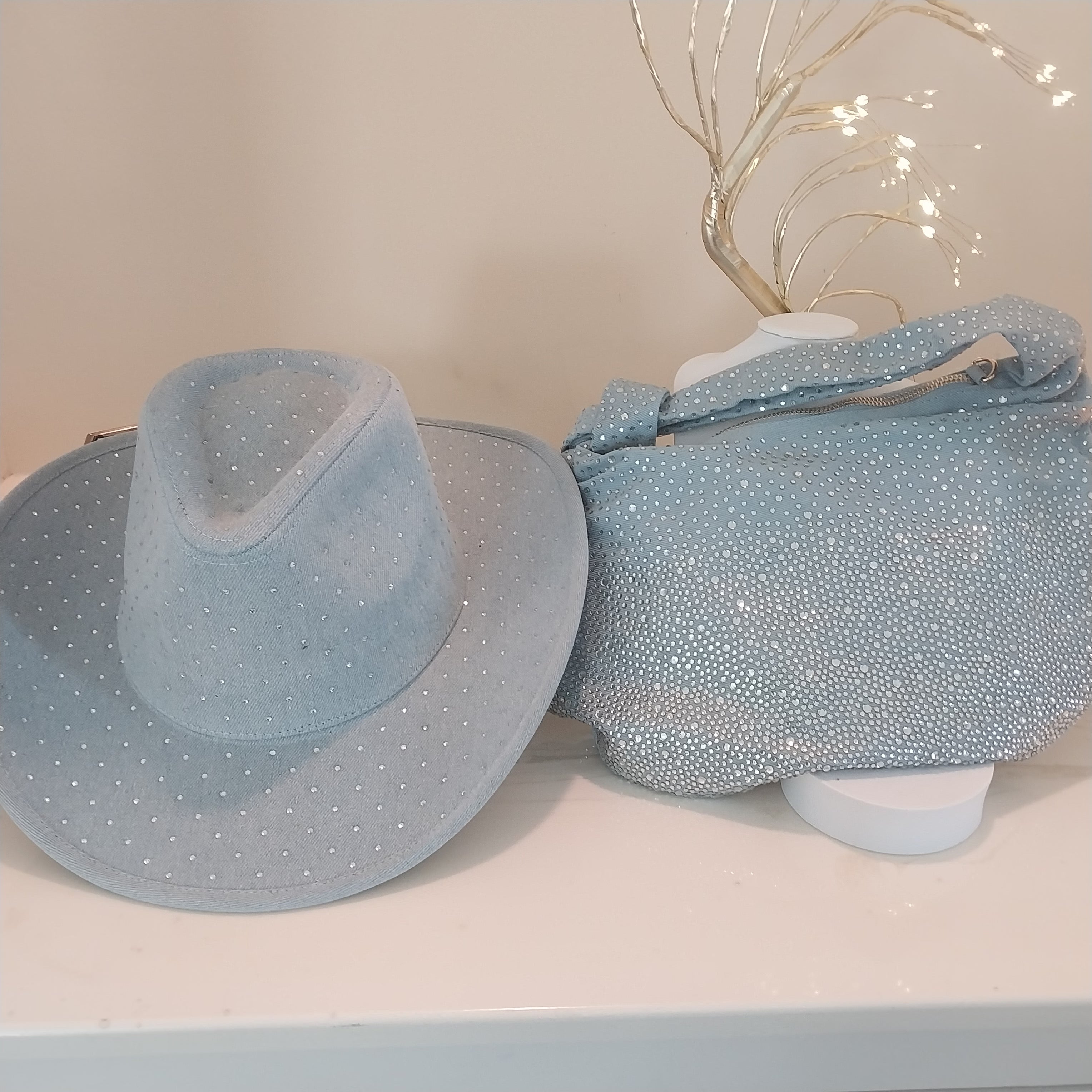 Sparkling Rhinestone Studded Light Denim Cowboy Hat for Women & Men - Western Style Fedora for Country Music Festivals, Rodeo, and Costume Parties