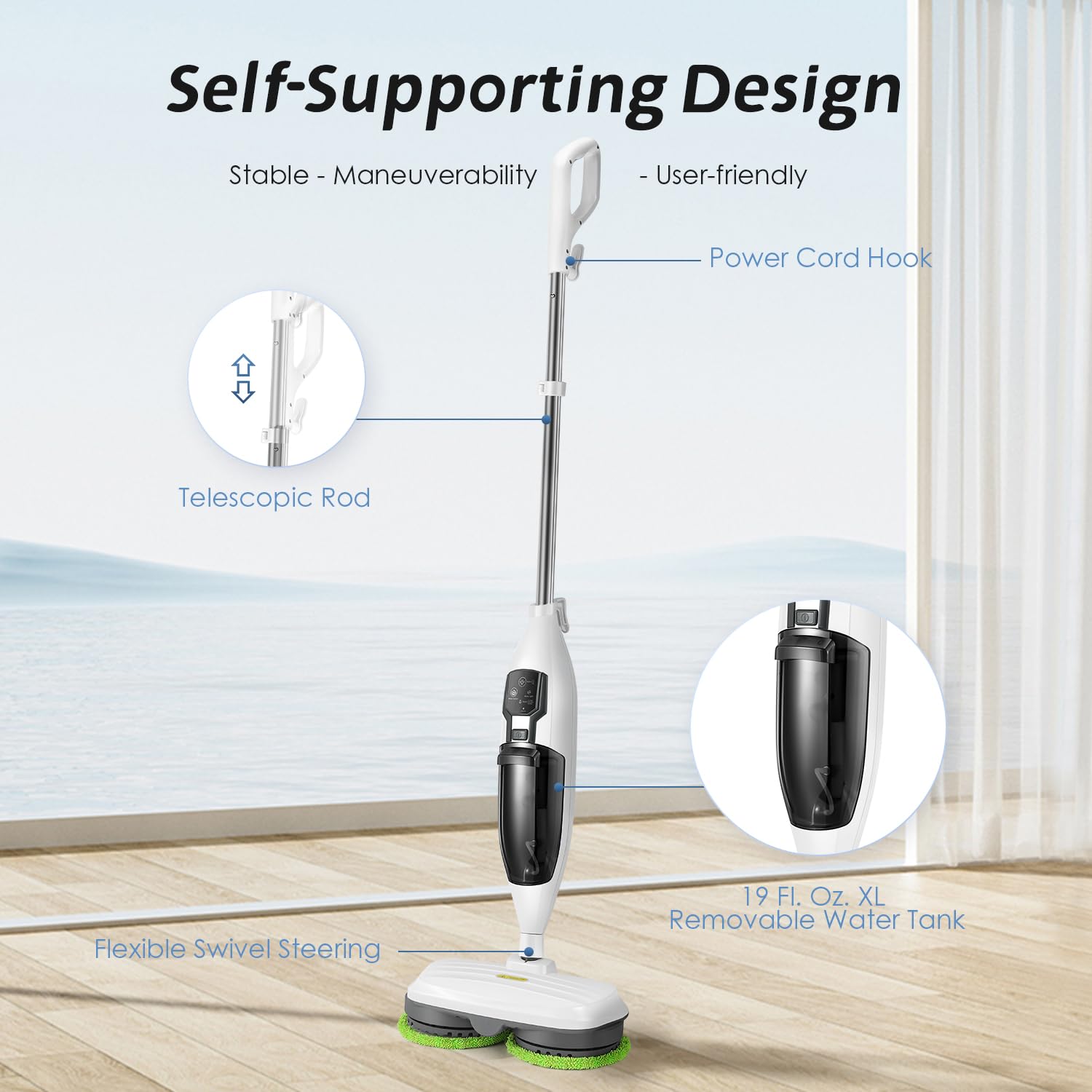 15 in 1 Electric Spin Mop Cleaner with Detachable Handheld Unit - Steam Mop for Hardwood, Laminate Floors, Tile Grout & Car Cleaning - 120V Powerful Steam Cleaner for Home, Kitchen & Bathroom Deep Cleaning