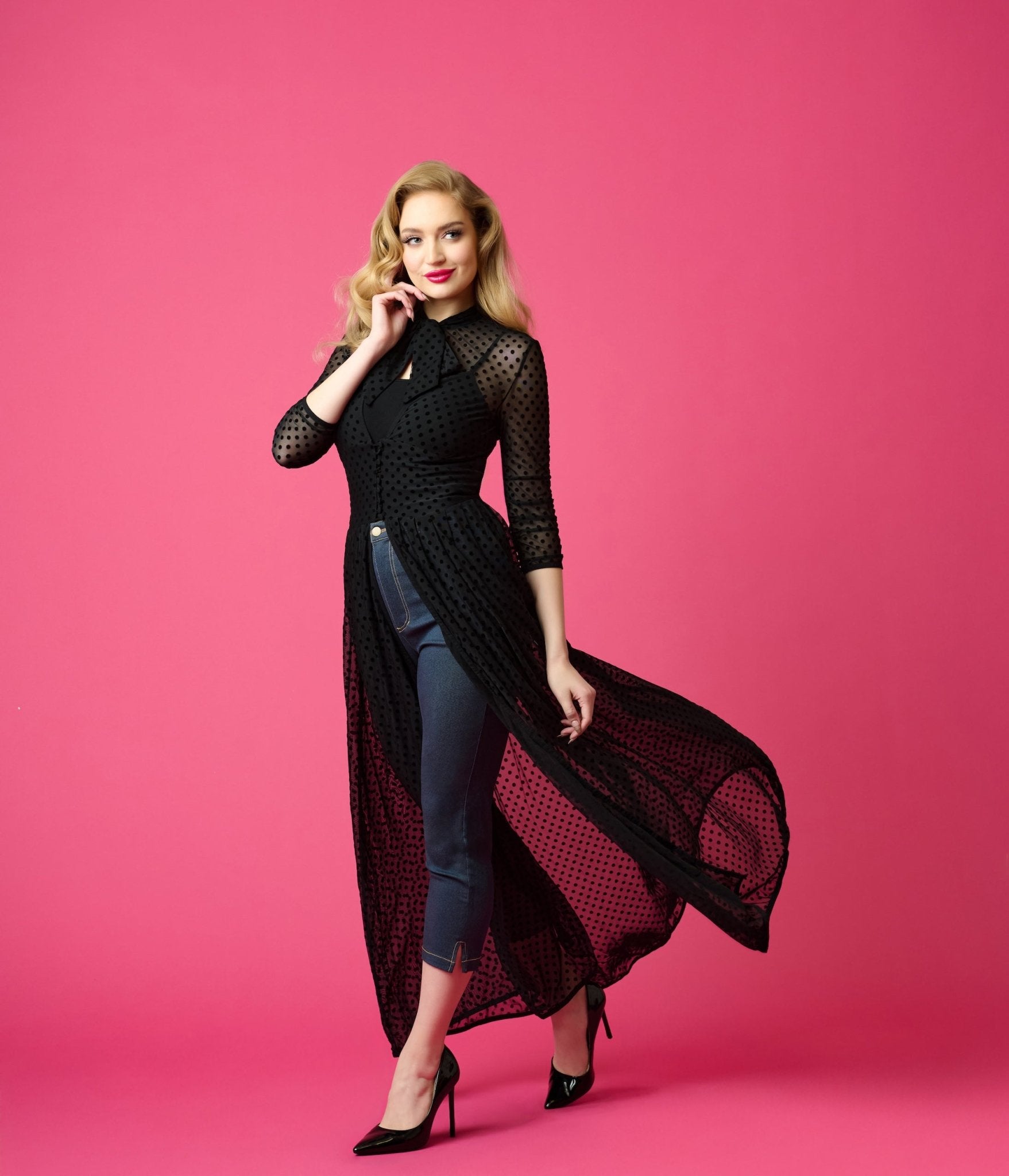 Vintage Black Swiss Dot Starlet Duster - Retro Elegant Lace Kimono Cover Up for Women | Perfect for Evening Parties, Weddings & Special Occasions