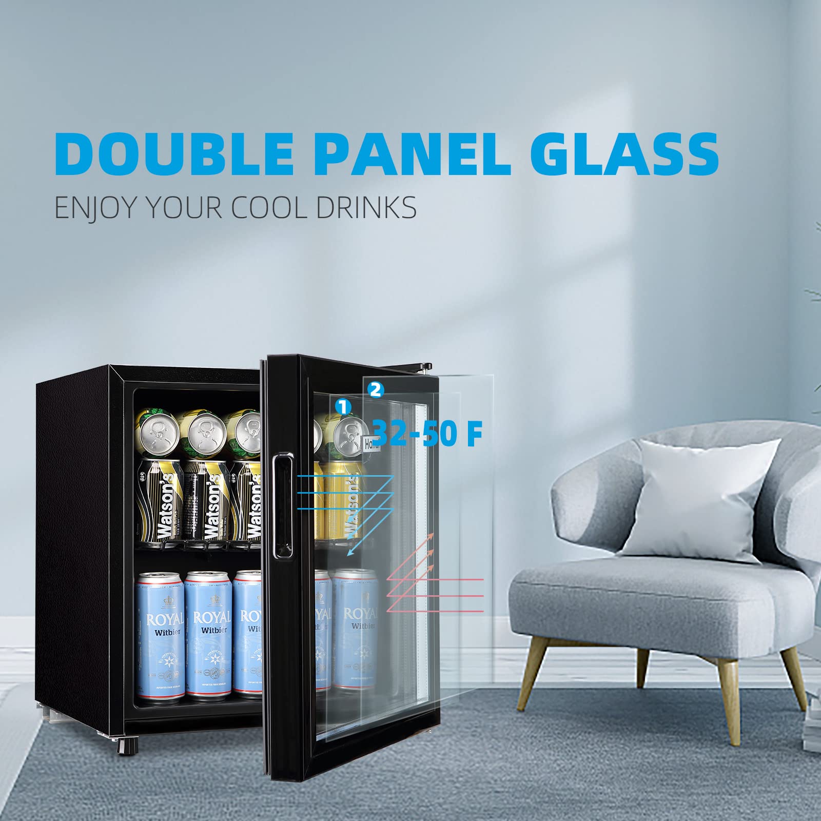 WANAI 60 Can Mini Fridge with Glass Door - Compact Beverage Cooler for Beer, Wine & Juice - Adjustable Shelves & LED Lighting - Perfect for Home, Office, Bar or Dorm Room - Energy Efficient Small Refrigerator for Drinks Storage