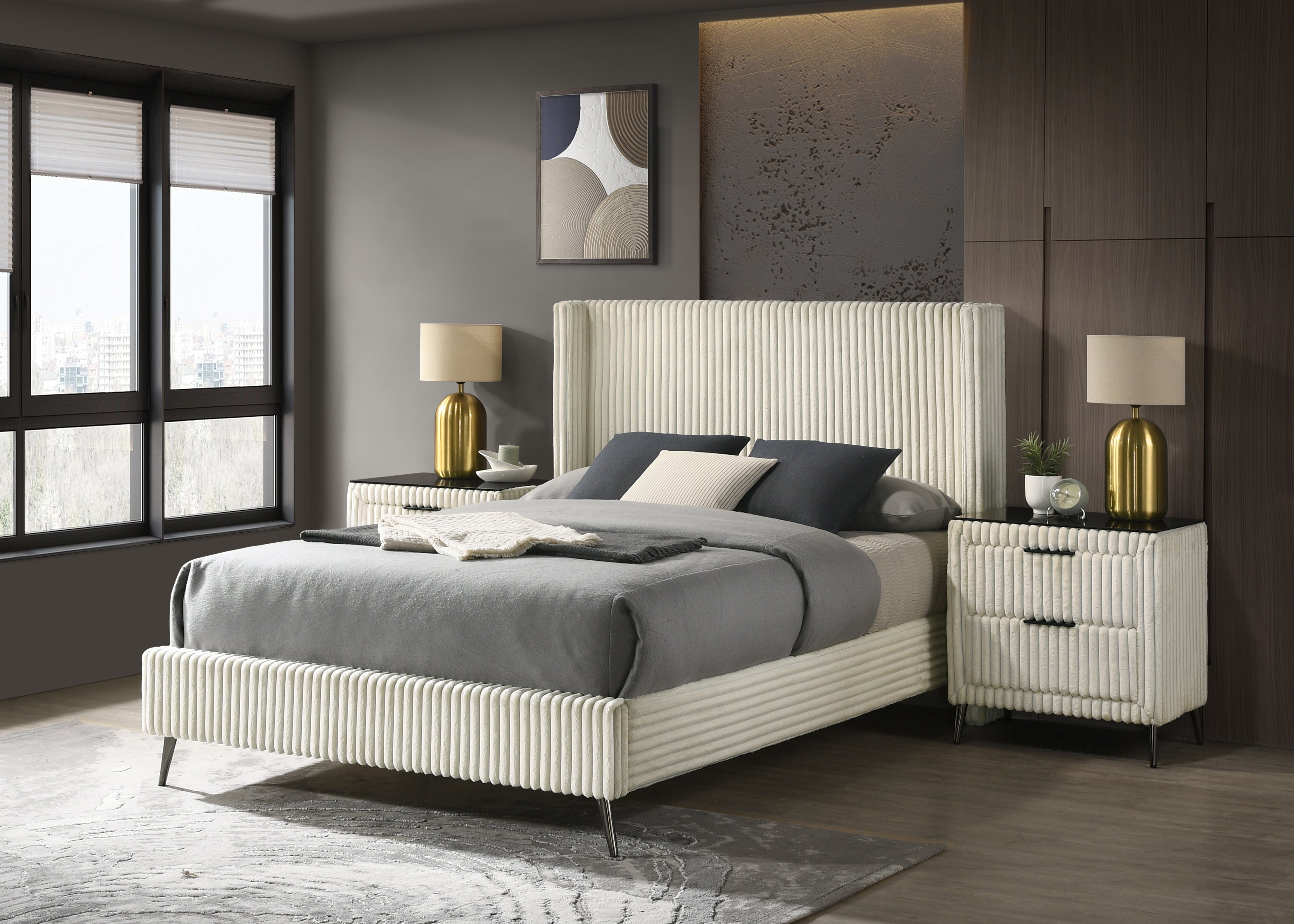 Roundhill Furniture Mavela Wide Wale Corduroy Upholstered Panel Bed with 2 Nightstands - Luxurious Bedroom Set for Modern Home Decor & Cozy Sleeping Experience