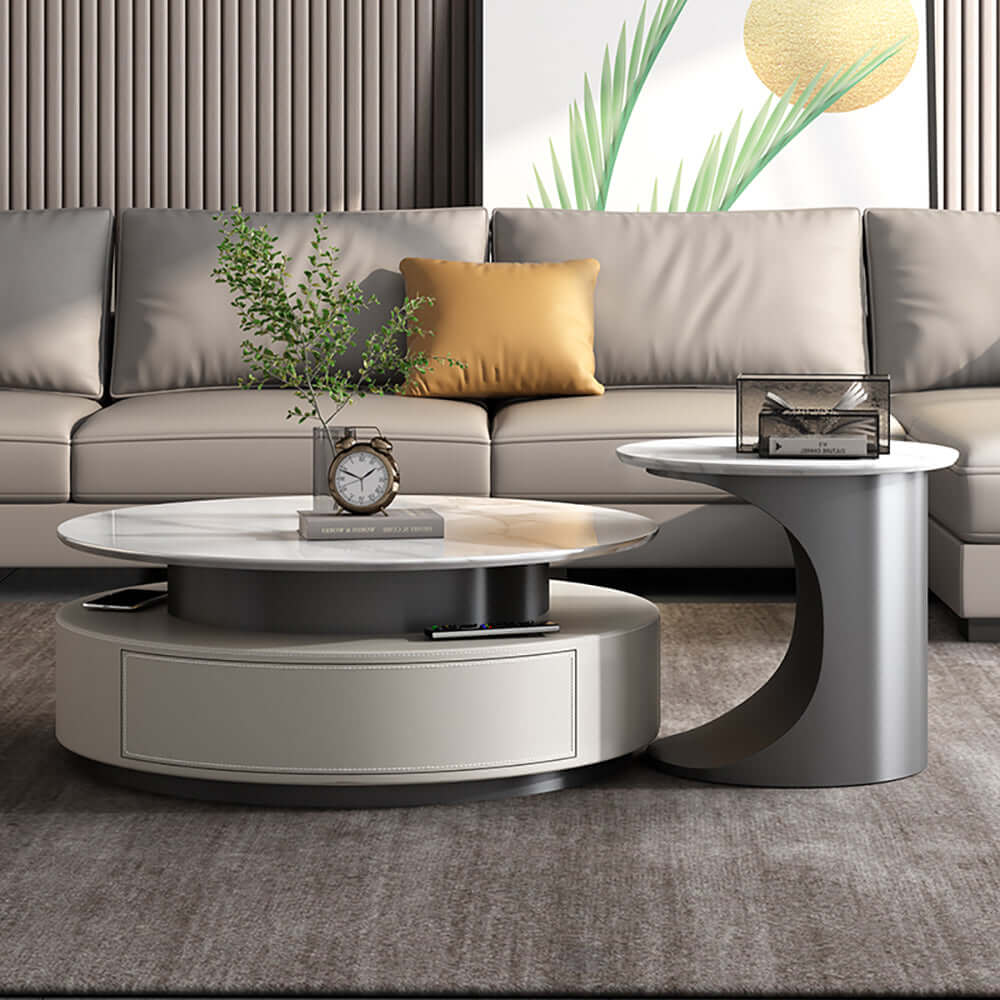 Modern High-Low Round Coffee Table Set with Slate Top & Storage Drawers - Luxury Living Room Furniture for Small Spaces & Contemporary Home Decor