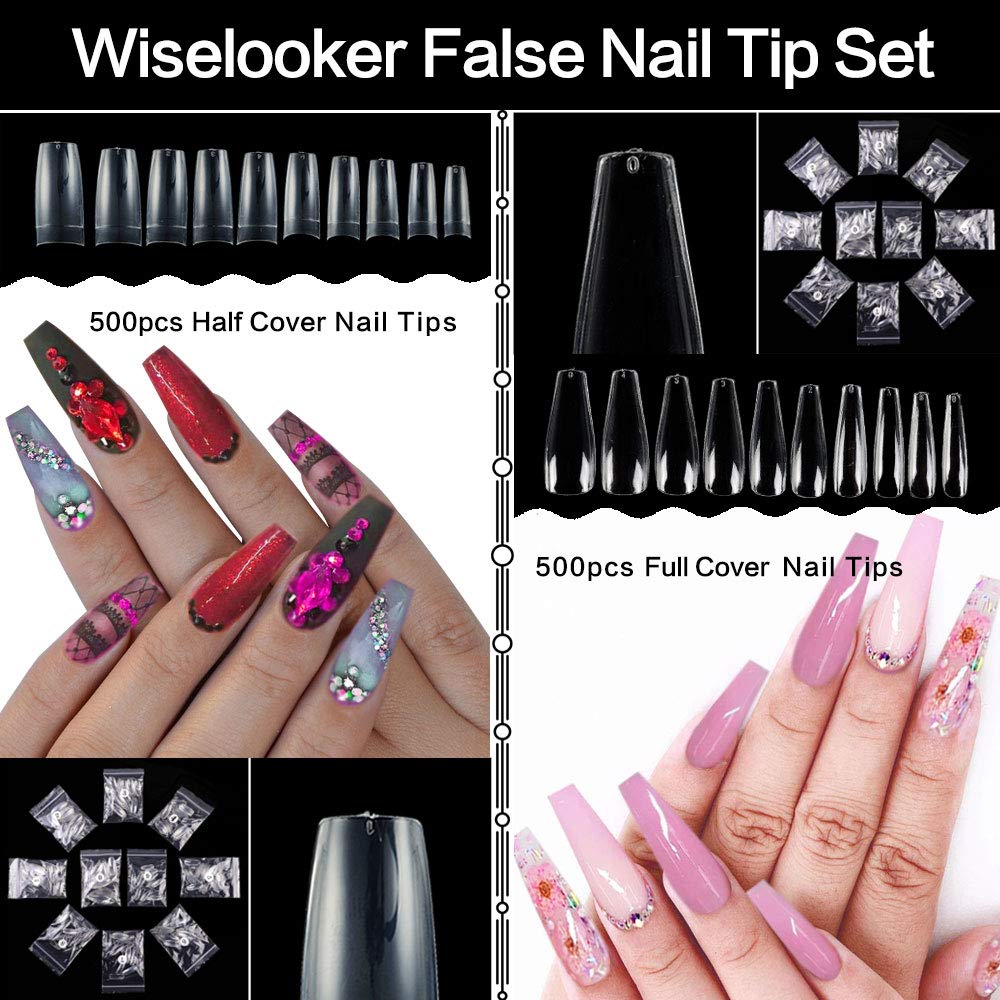1000pcs Clear False Nails Tips - Full Cover & Half Cover Artificial Nail Extensions (500pcs Each) for Salon, DIY Manicure & Home Nail Art