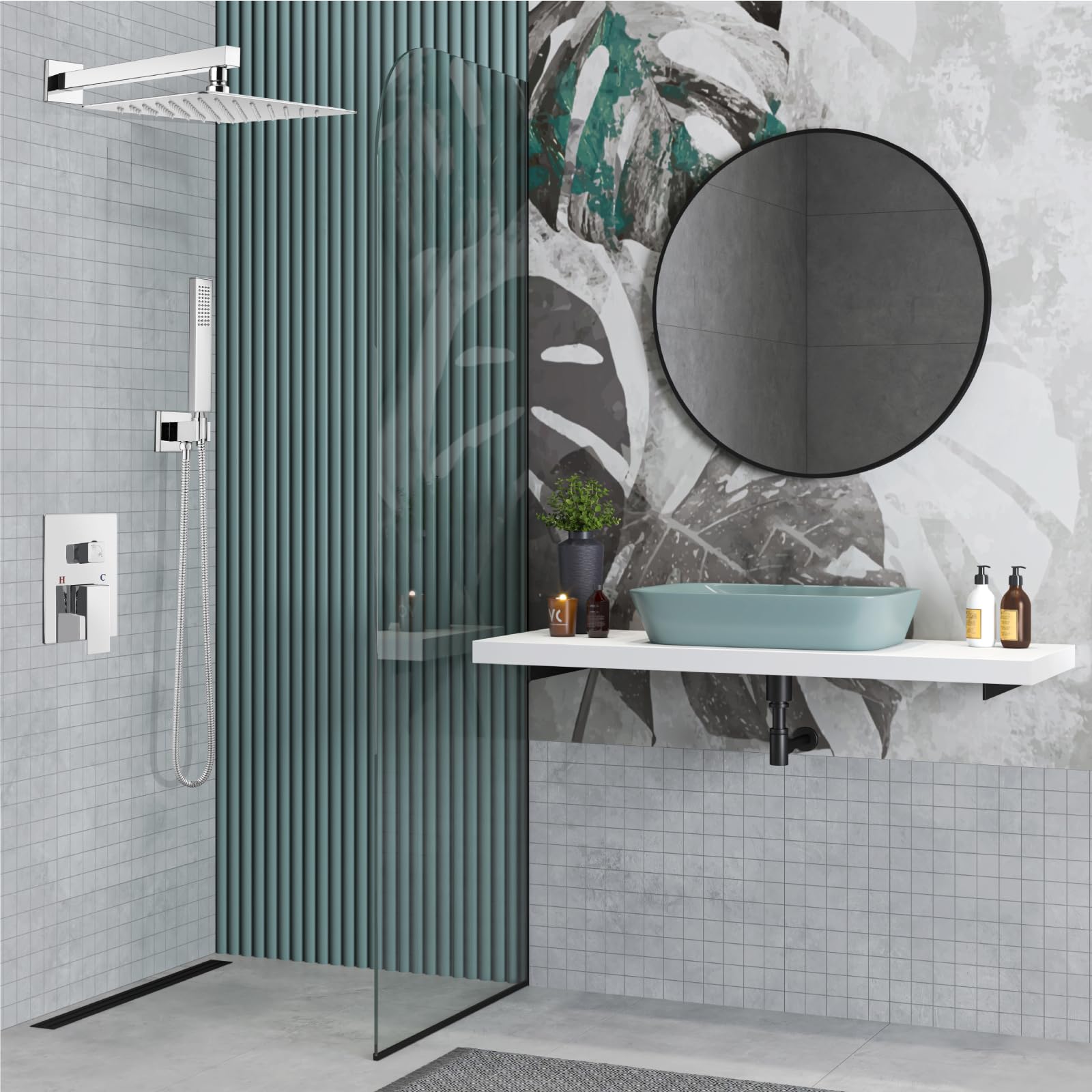 Midanya 12 Inch Square Rainfall Shower System - Wall Mount Shower Faucet Set with Hand Sprayer, Rough-in Valve Trim Kit & Bathroom Mixer - Polish Chrome Finish for Luxurious Spa-Like Shower Experience