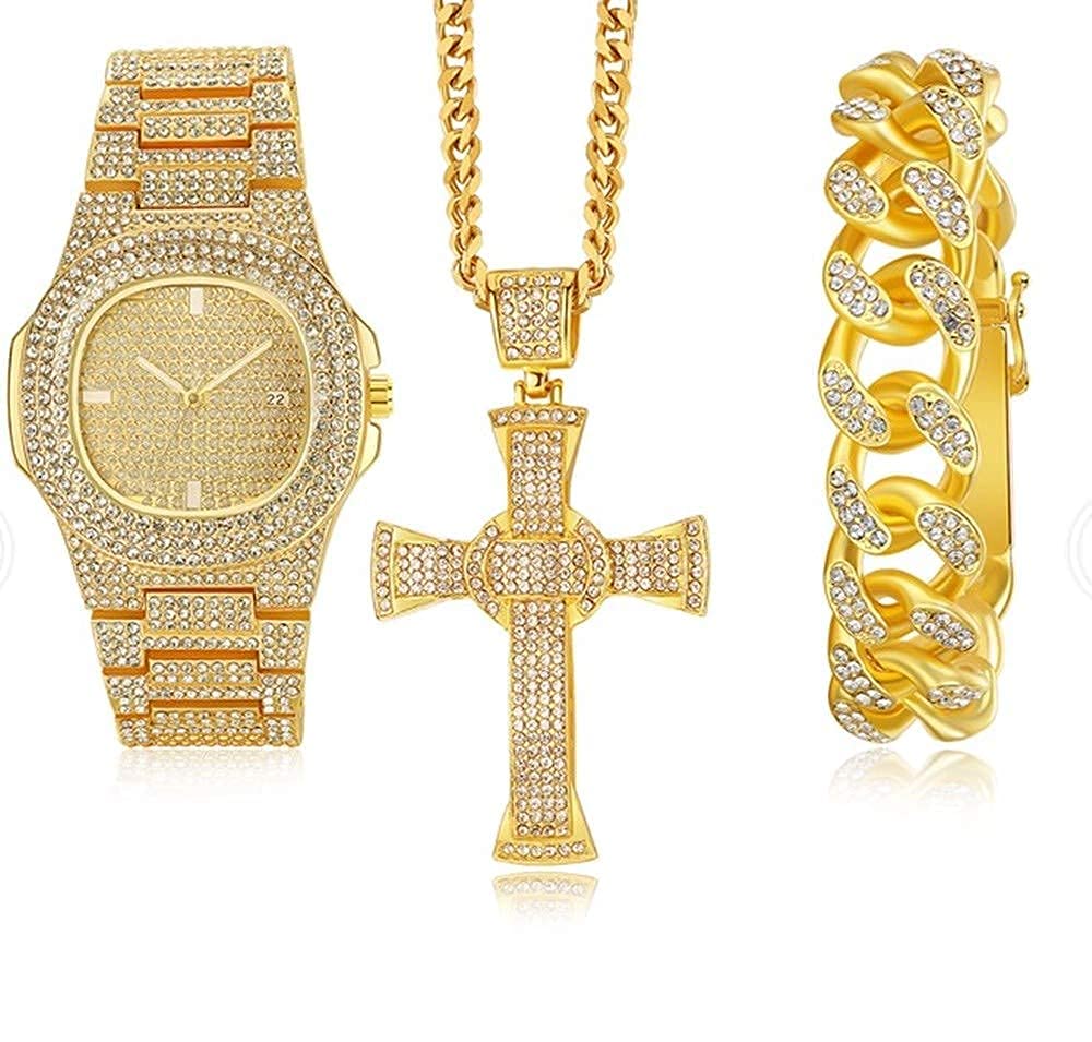 Luxury Iced Out Watch Set - 18K Gold Bracelet & Diamond Quartz Watch for Men & Women - Perfect for Parties & Gifting