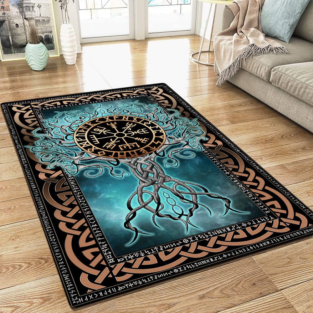 GEEMBI 5x8 Tree of Life Norse Viking Blue Area Rug - Soft Living Room Rug, Bedroom & Dining Room Decor - Perfect Gift for Men - Home Aesthetic & Nordic Style Decorating