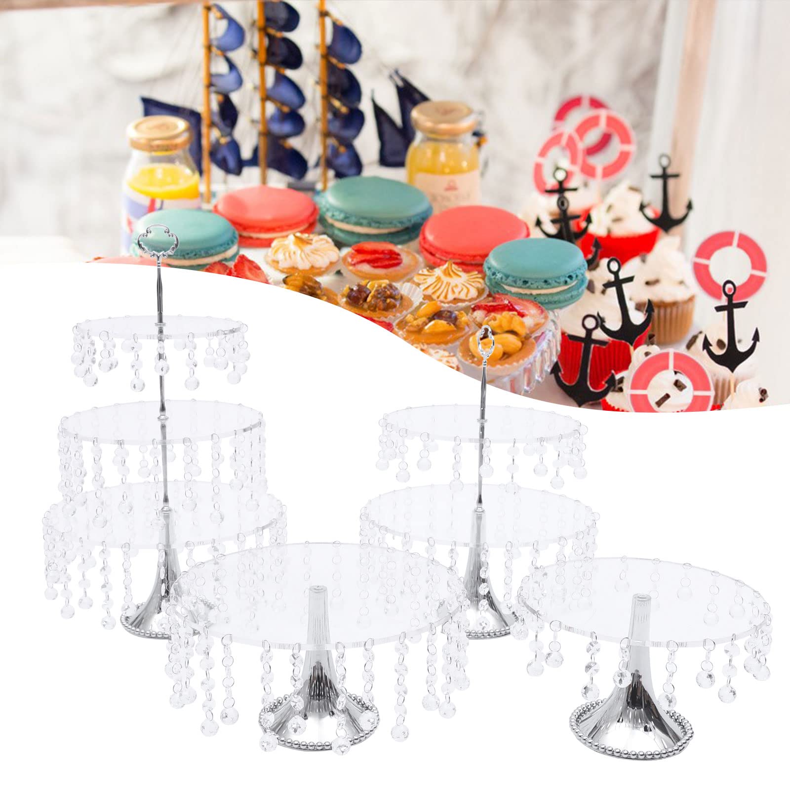 4PCS Silver Crystal Cake Stands Set - Round Metal Cupcake Holders & Dessert Display Plates for Baby Shower, Wedding, Birthday Party - Elegant Serving Platters for Home Decor & Celebration Events