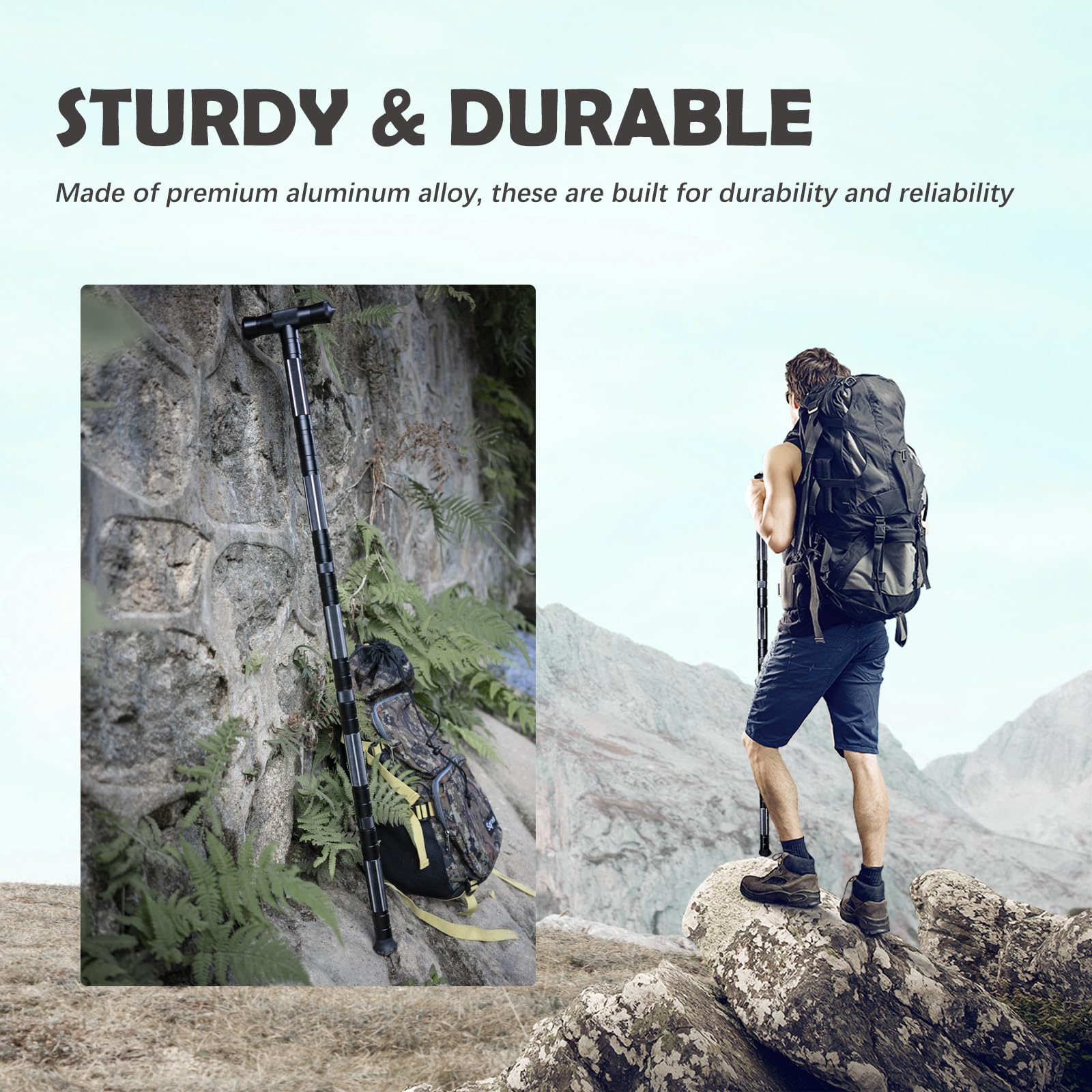 Tactical Hiking Stick - Adjustable Trekking Pole with Multitool for Men & Women | Portable Walking Staff for Outdoor Camping, Hiking & Backpacking | Durable & Lightweight (Gray)
