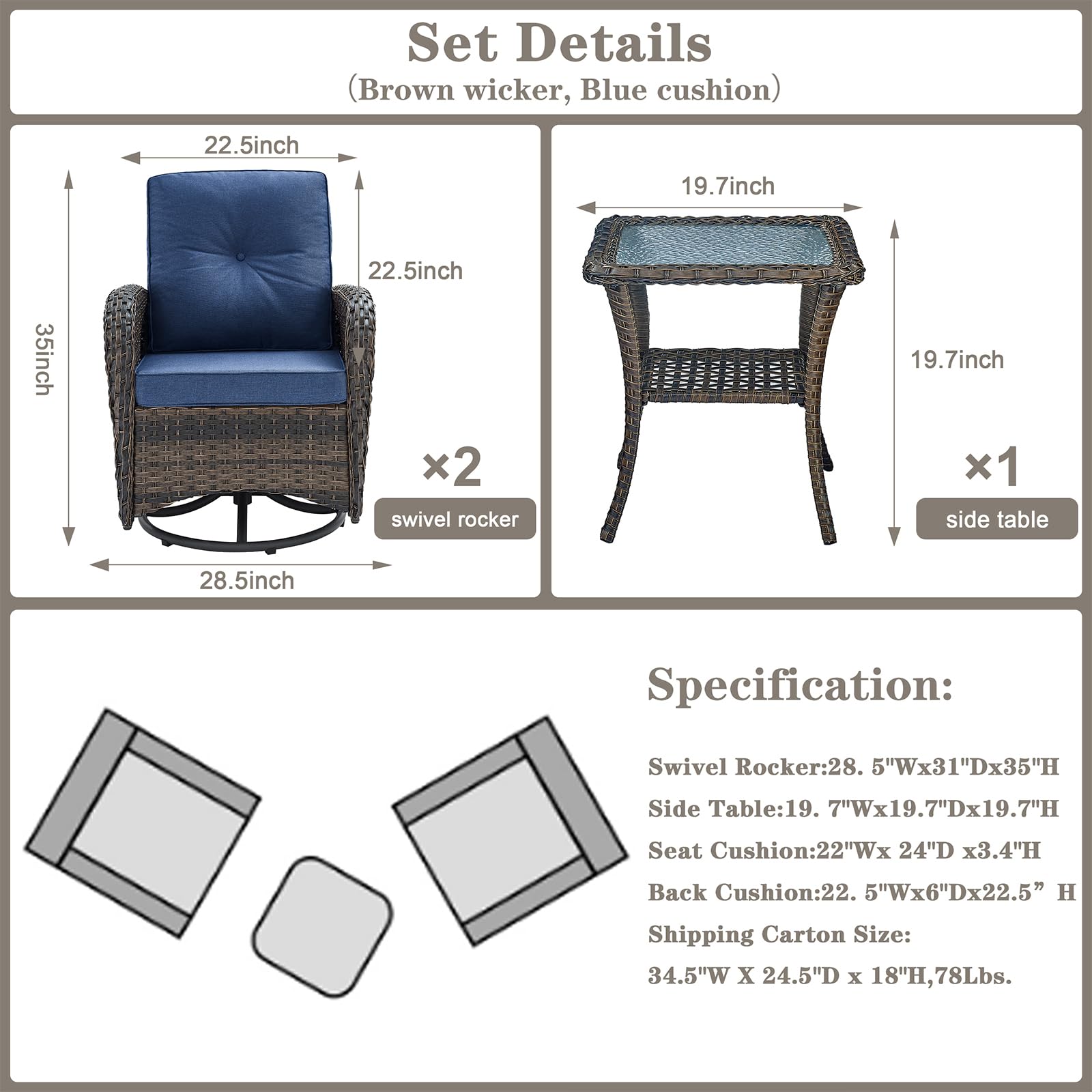 Outdoor Swivel Rocking Chairs Set of 2 with Rattan Side Table - Patio Wicker Swivel Glider Chairs 3-Piece Furniture Set for Deck, Porch, Pool (Brown/Blue) - Perfect for Relaxing, Lounging, and Entertaining Guests