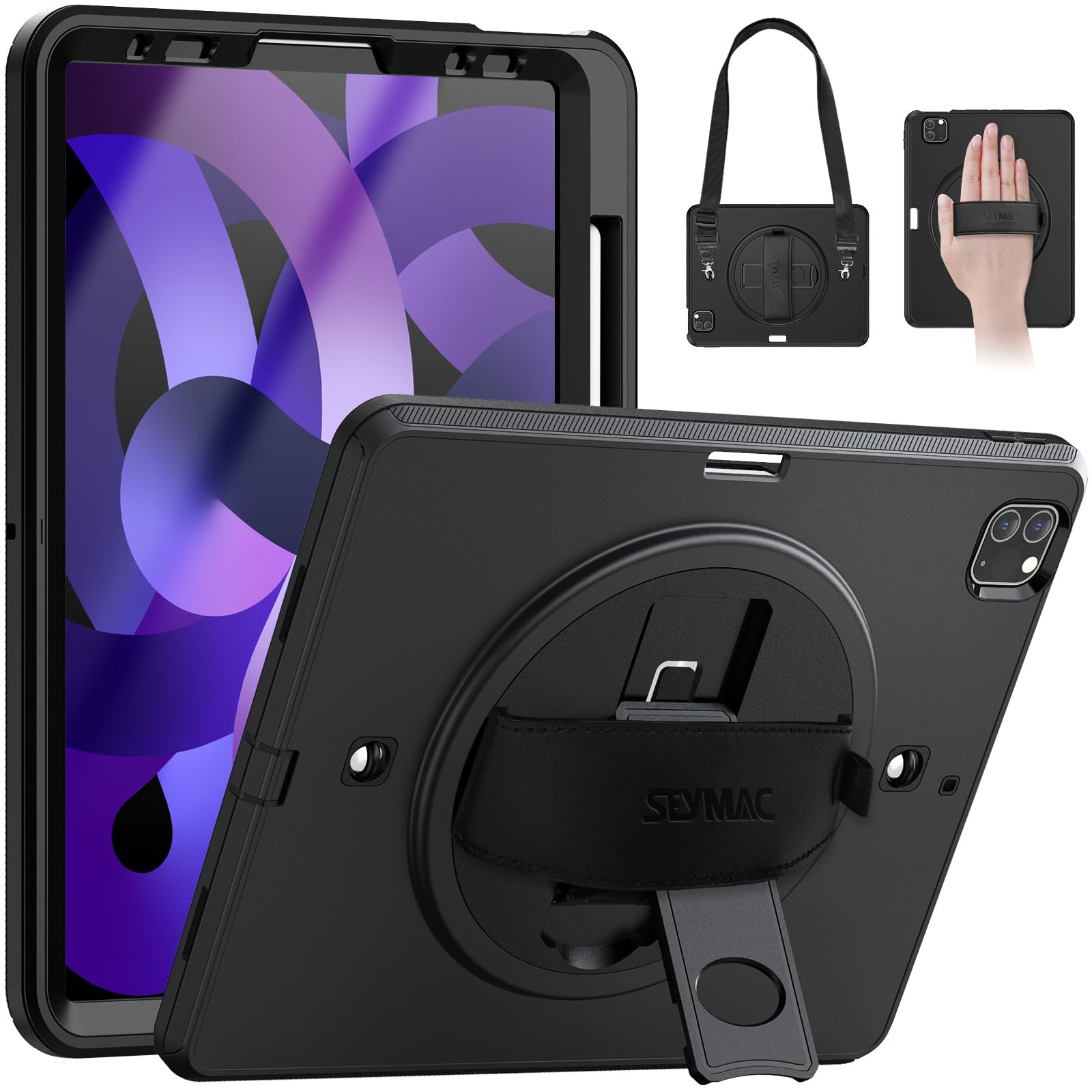SEYMAC iPad Air 5th/4th Generation Case 10.9 Inch - Shockproof Protective Cover with Built-in Screen Protector, Rotating Stand, Hand/Shoulder Strap & Pencil Holder for iPad Air 5/Air 4 (Black) - Perfect for Work, Study, Travel and Entertainment