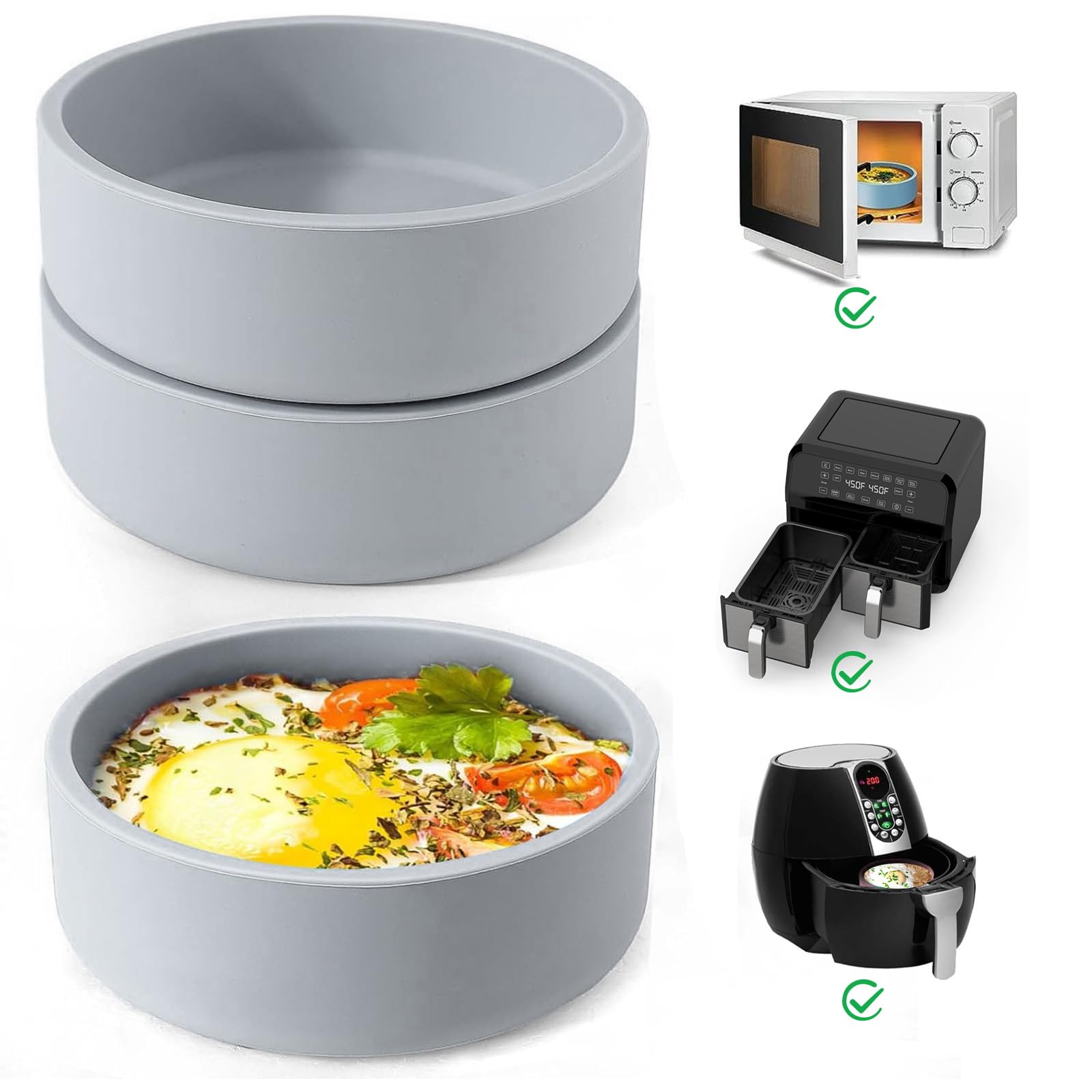 Non-Toxic Silicone Air Fryer Egg Mold Set - BPA Free, Dishwasher Safe, Reusable Egg Poacher for Air Fryer & Microwave - Perfect for Breakfast Meal Prep (3-Piece, Gray)