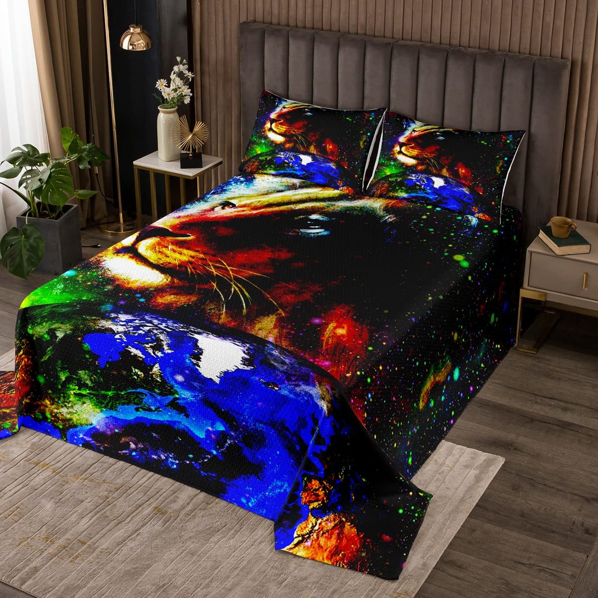3D Lion Print Twin Bed Cover Set for Kids - Colorful Galaxy & Rainbow Earth Planet Design - Soft Microfiber Quilt with Pillow Sham - Perfect for Children's Bedroom Decor & Space-Themed Rooms