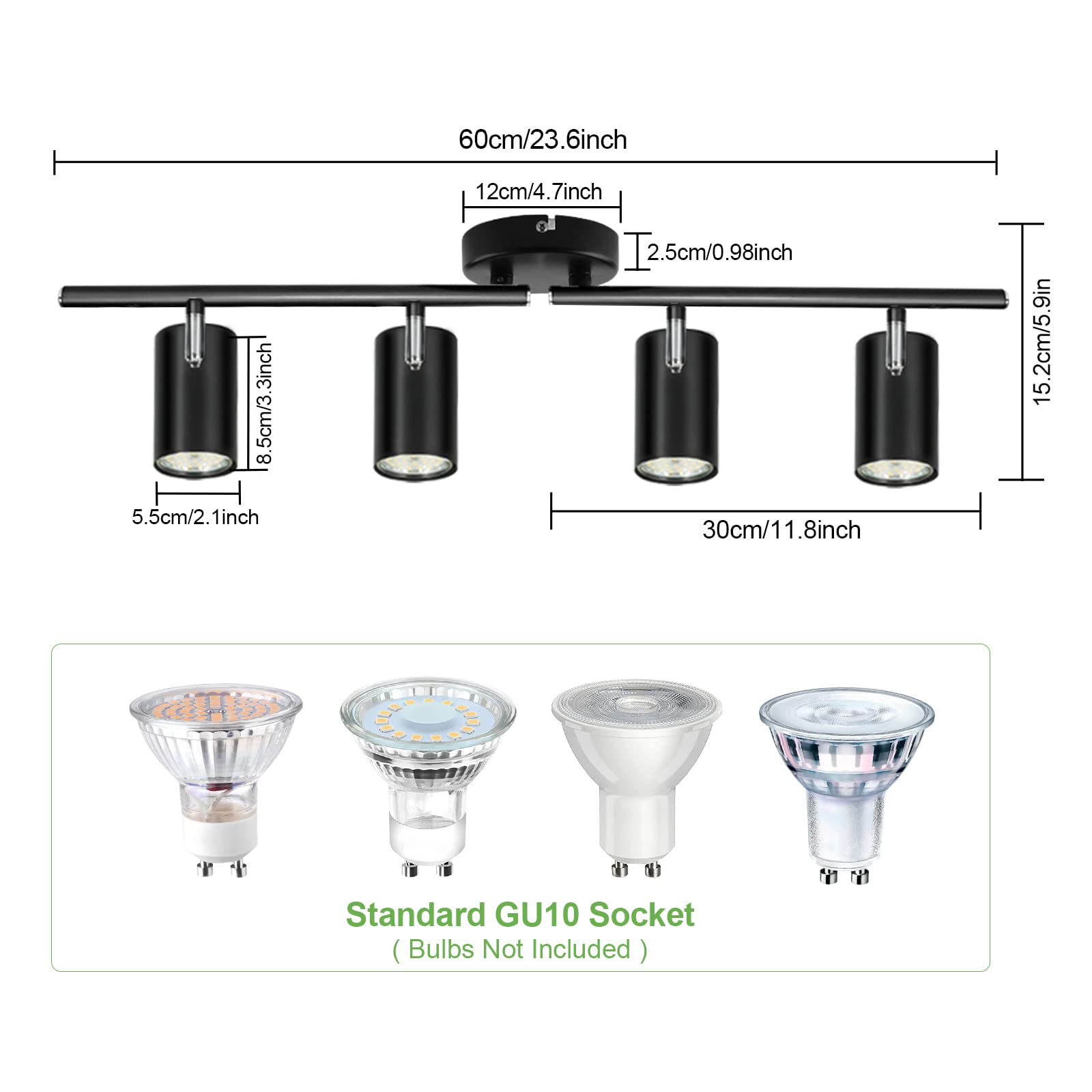 Kimjo 4-Light Black Adjustable LED Track Lighting Fixture for Ceiling - 4 Way Track Light Kit with GU10 Socket - Modern Spot Lighting for Kitchen, Dining Room, Bar, Office & Retail Spaces