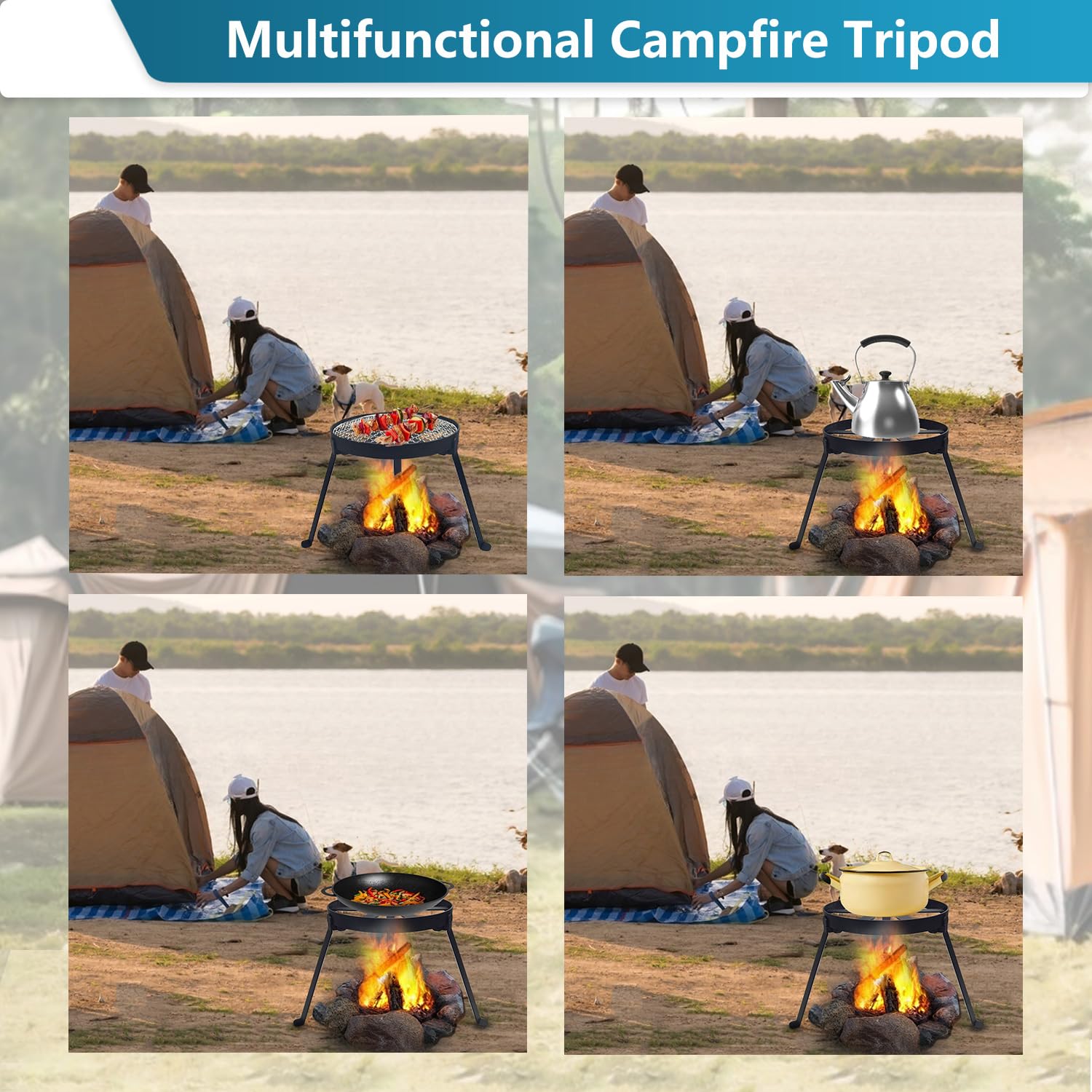 YBTMG Heavy Duty Folding Campfire Tripod with 304 Stainless Steel Grill - Cast Iron Camping Stand for Dutch Oven Cooking, BBQ, Picnic, Hiking & Outdoor Adventures - Perfect for Backyard Grilling, Camping Trips and Wilderness Cooking