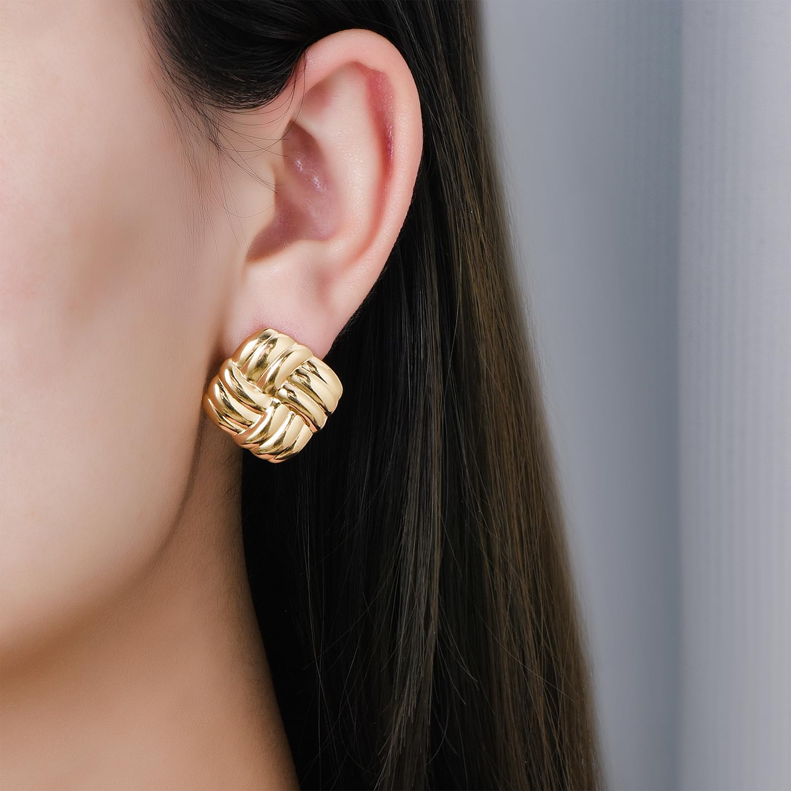 Chunky Gold Square Earrings for Women - Vintage Geometric Stud Earrings, Big Statement Jewelry in Stainless Steel - Perfect for Parties, Weddings & Everyday Fashion