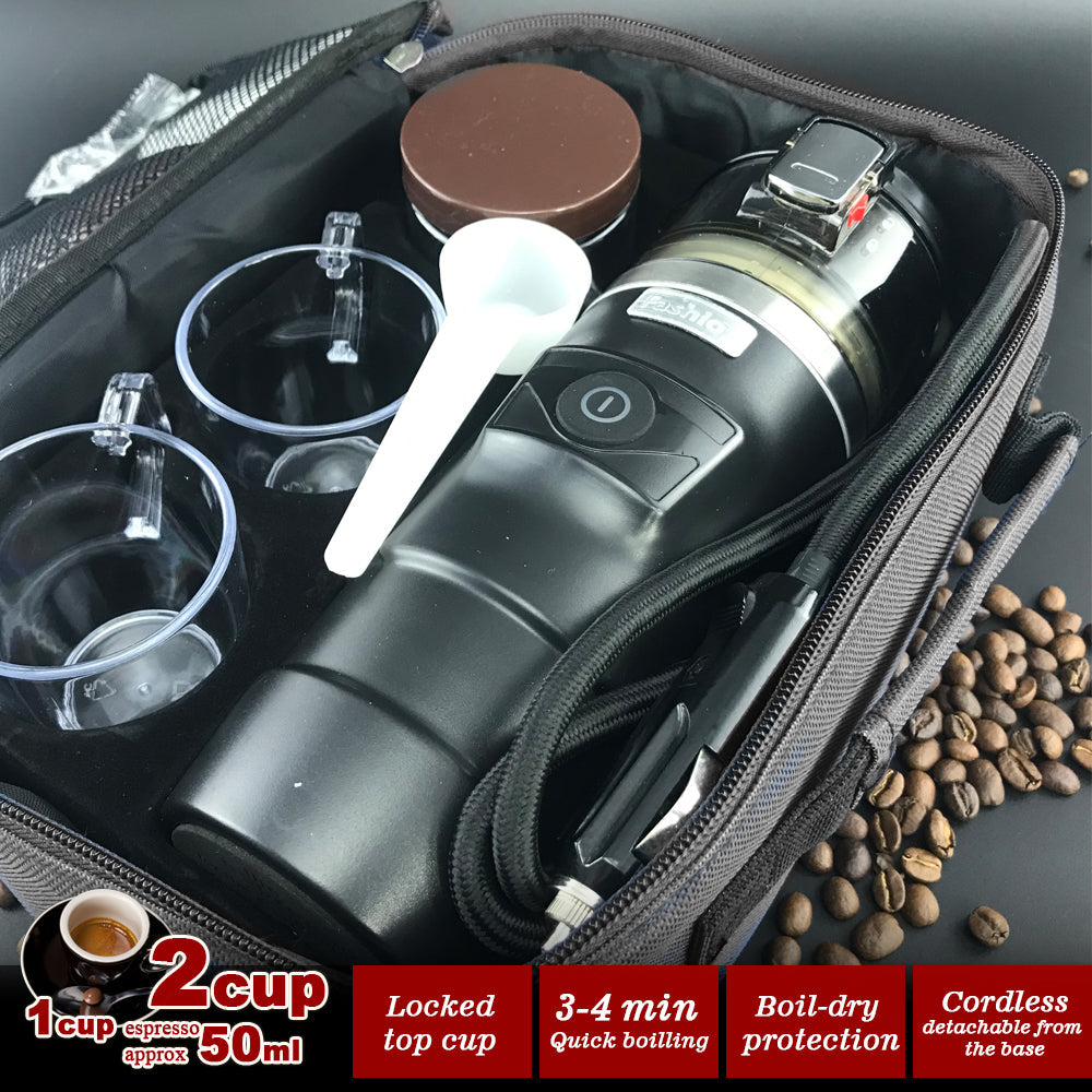 12V Car Espresso Moka Coffee Maker Set - Portable Travel Coffee Machine with 2 Cups for Road Trips & Camping | Perfect for Commuters, Truck Drivers & Outdoor Adventures