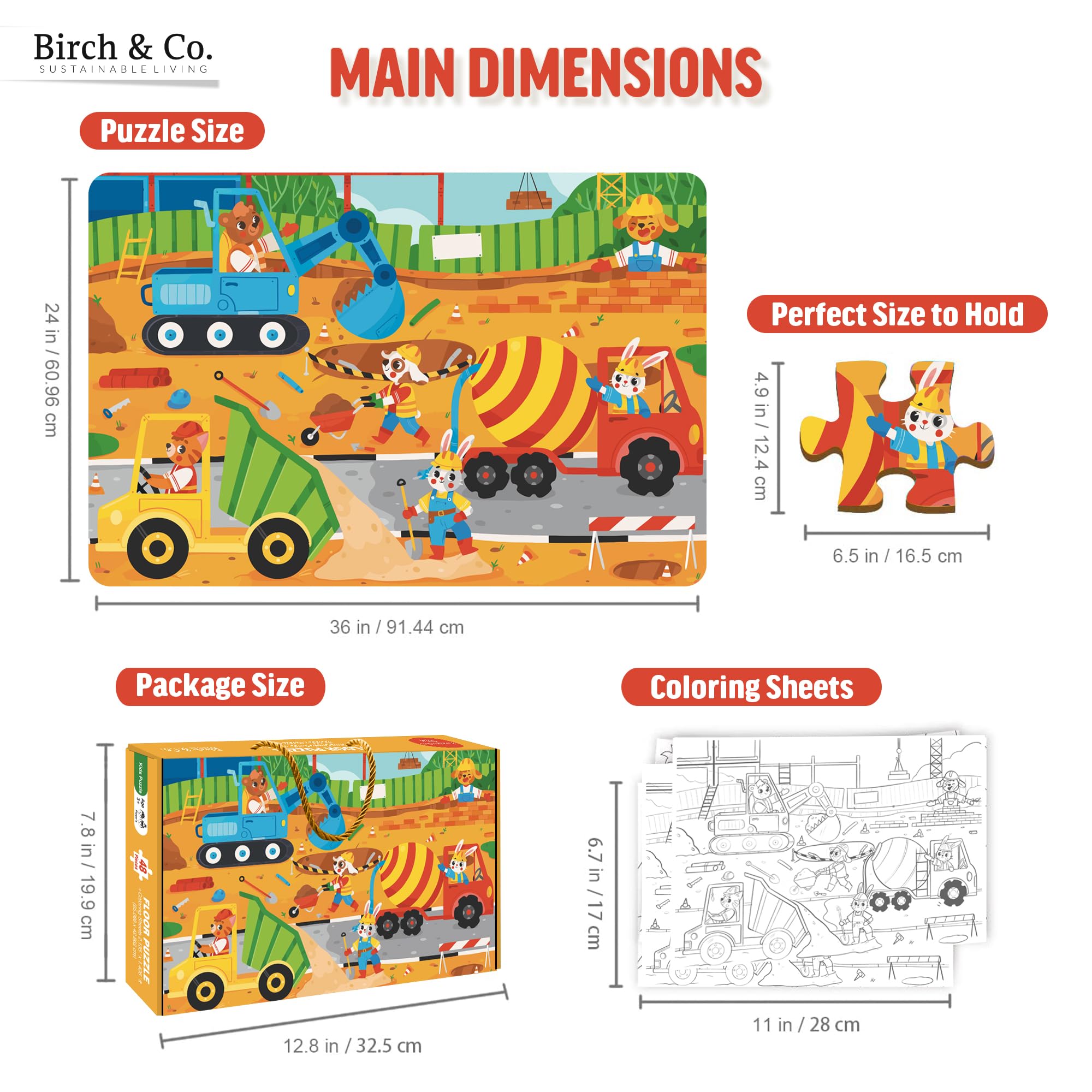 Birch & Co. Construction Theme 48-Piece Jigsaw Puzzle for Kids | Educational Puzzle Game for Children | Perfect for Family Game Night & Preschool Learning Activities