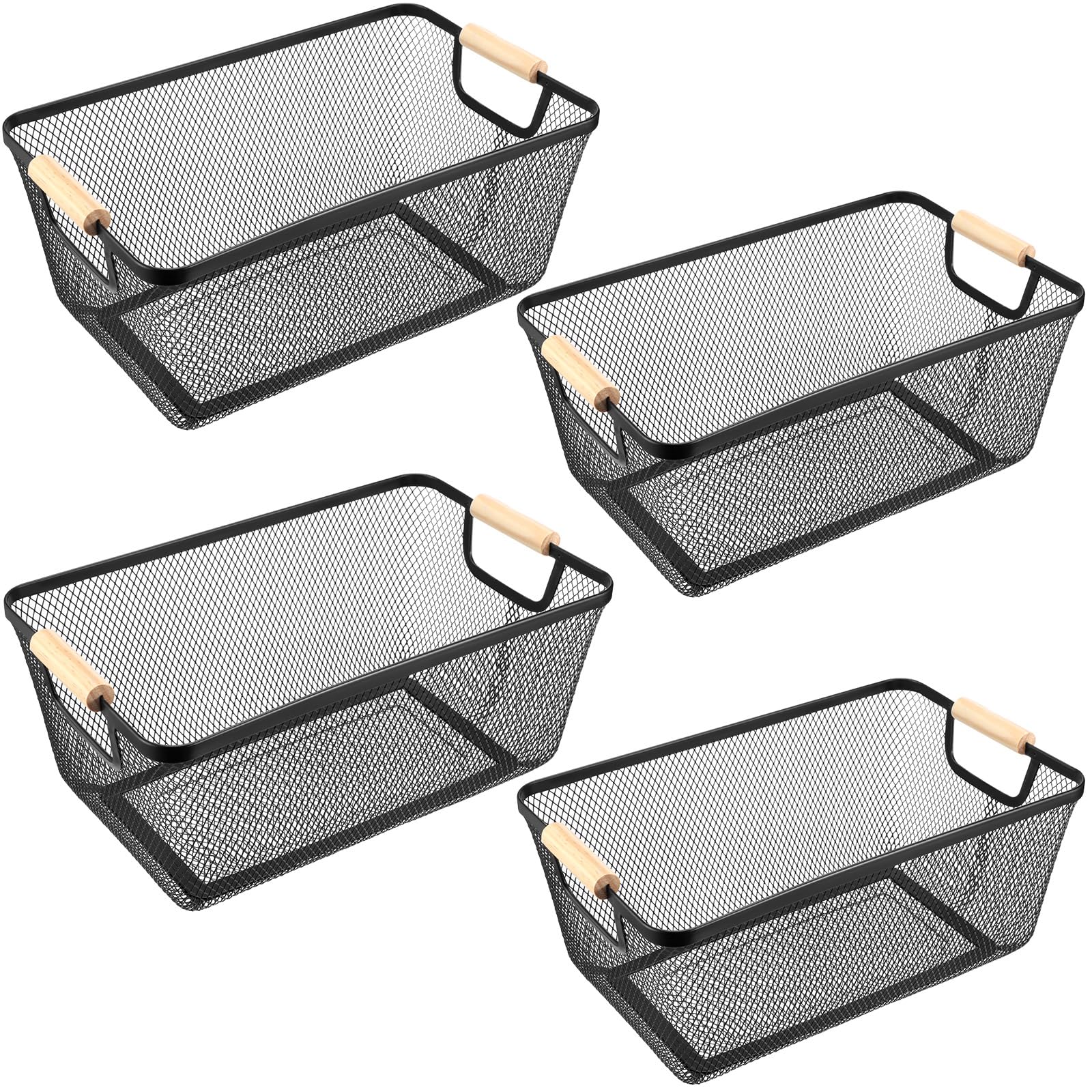 4-Piece Metal Wire Basket Set with Wooden Handles - Black Steel Mesh Storage Organizer Bins for Home, Kitchen, Pantry & Closet Organization - Perfect for Fruits, Snacks, Makeup & Gifts (Large Size) - Ideal for Refrigerator, Cabinet & Shelf Storage Solutions