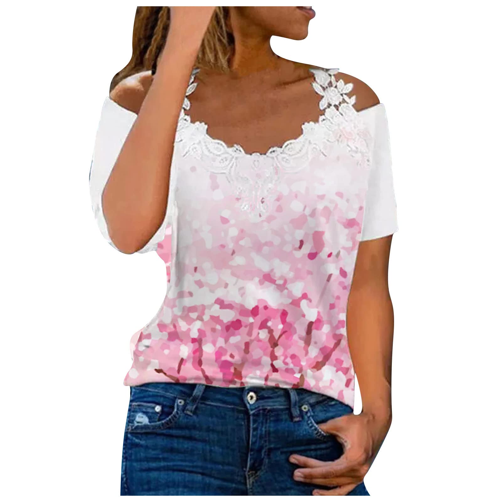Women's Fashion V-Neck Lace Sling T-Shirt - Casual Loose Fit Printed Short Sleeve Blouse for Work & Everyday Wear | Office Outfits, Date Nights & Weekend Comfort
