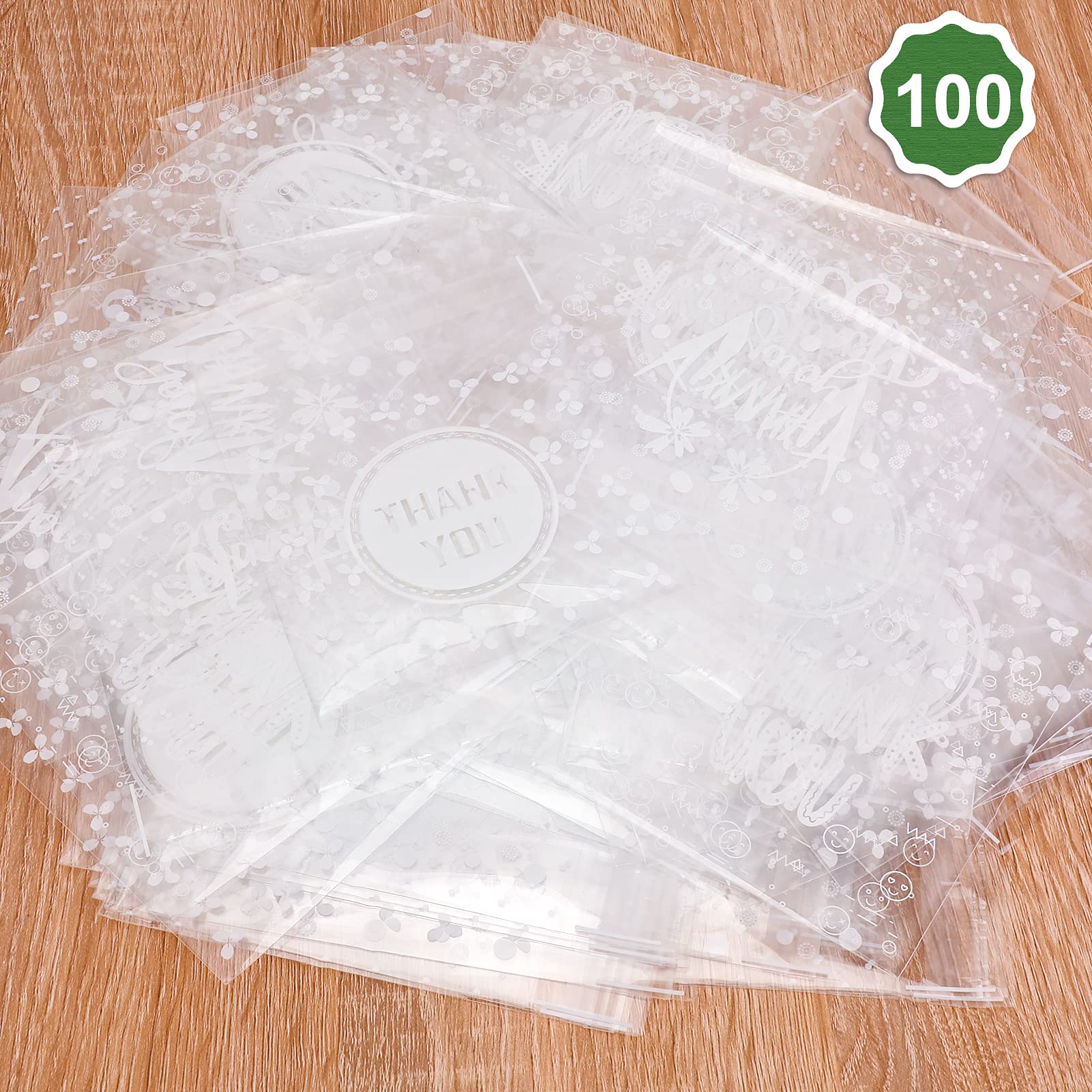 100-Pack Self-Adhesive Thank You Cookie Bags - 5.9×7 Inch Plastic Treat Bags for Candy, Sweets & Biscuits | Perfect for Birthday Party Favors, Wedding Favors & Gift Packaging | Reusable Cellophane Goodie Bags for Desserts & Snacks