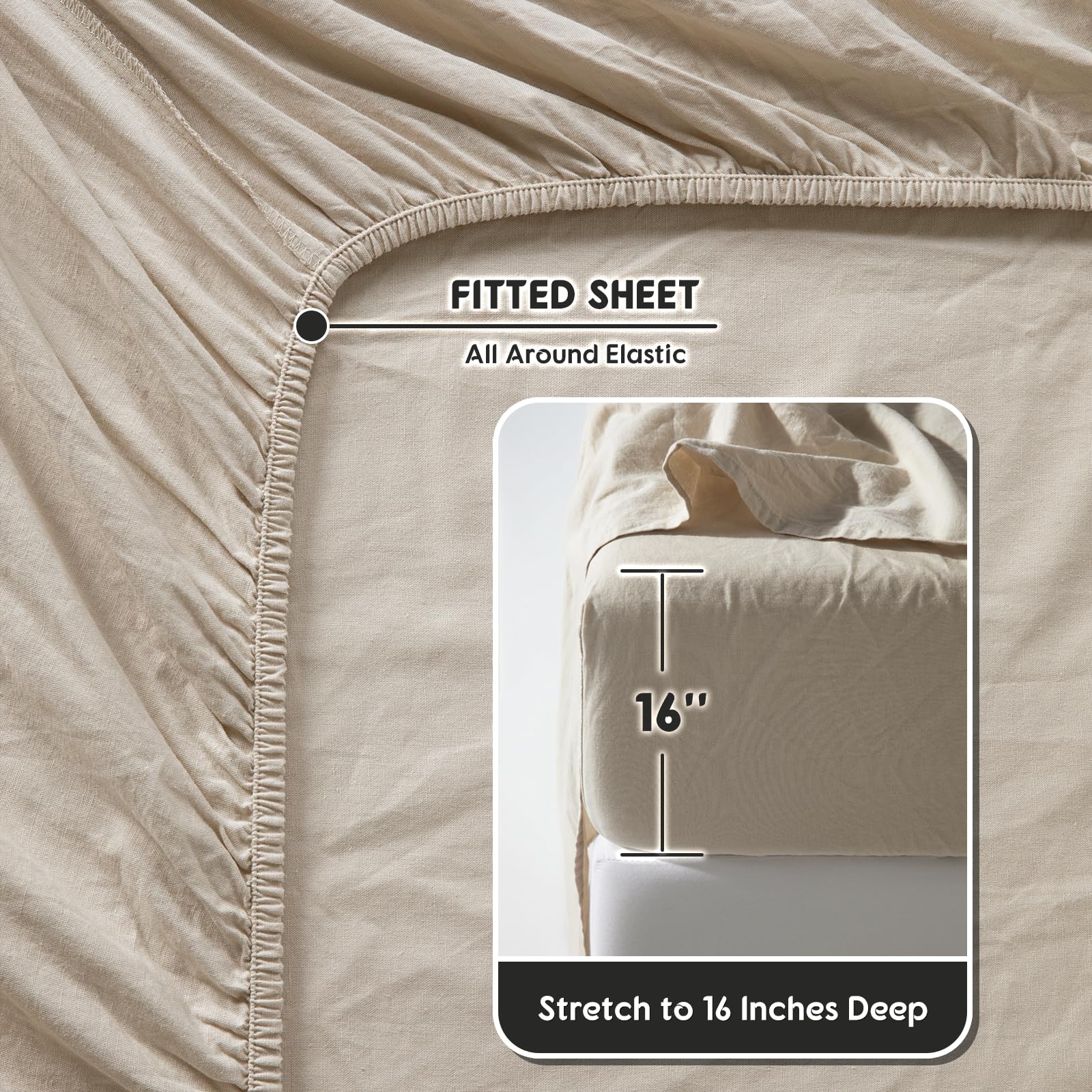 SONORO KATE 100% French Pure Linen Queen Size Sheet Set - 4 Piece Breathable & Durable Bed Sheets with 16