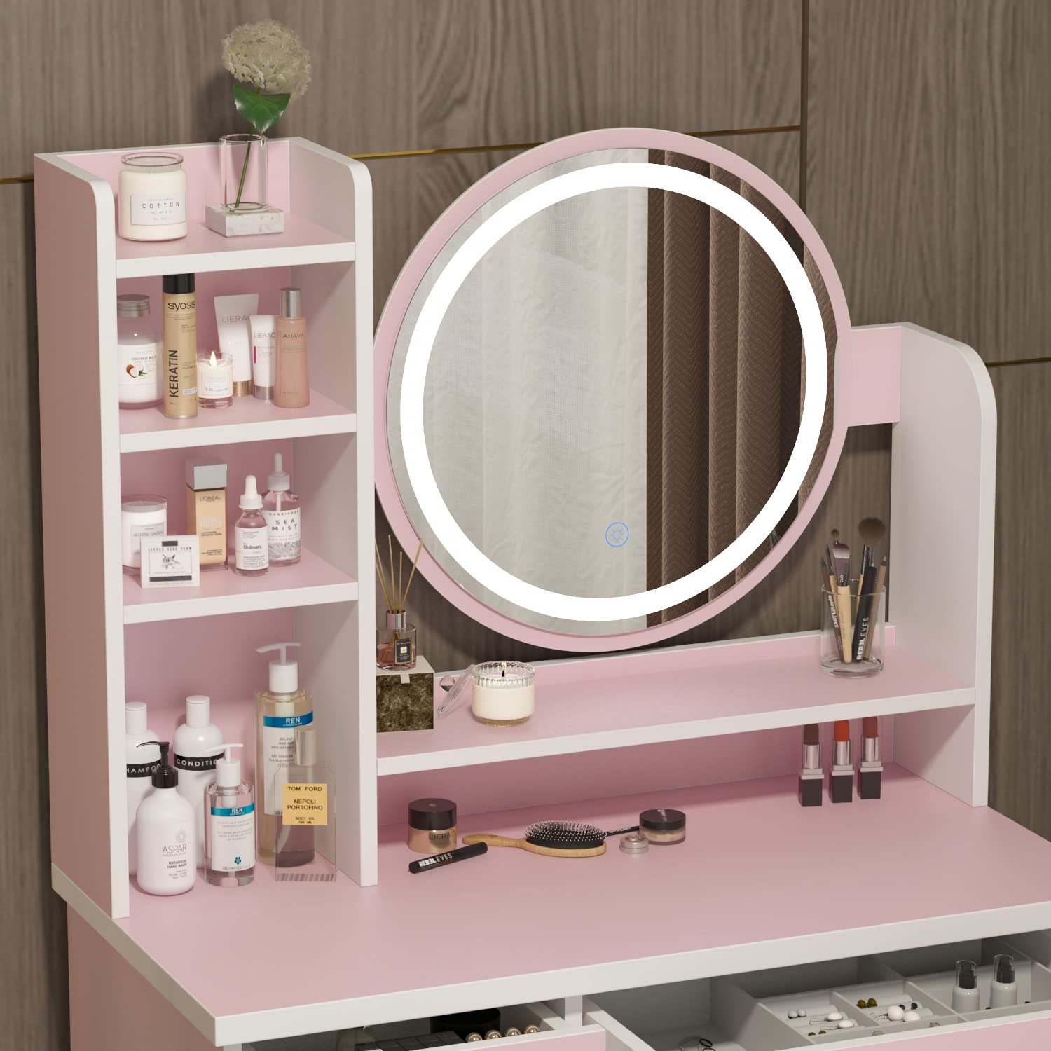 ECACAD Vanity Desk Set with LED Lighted Round Mirror, 5-Drawer Makeup Dressing Table with Storage Shelves & Cushioned Stool - Pink Bedroom Furniture for Women & Girls | Perfect for Makeup Organization, Dressing Room & Small Space Decor