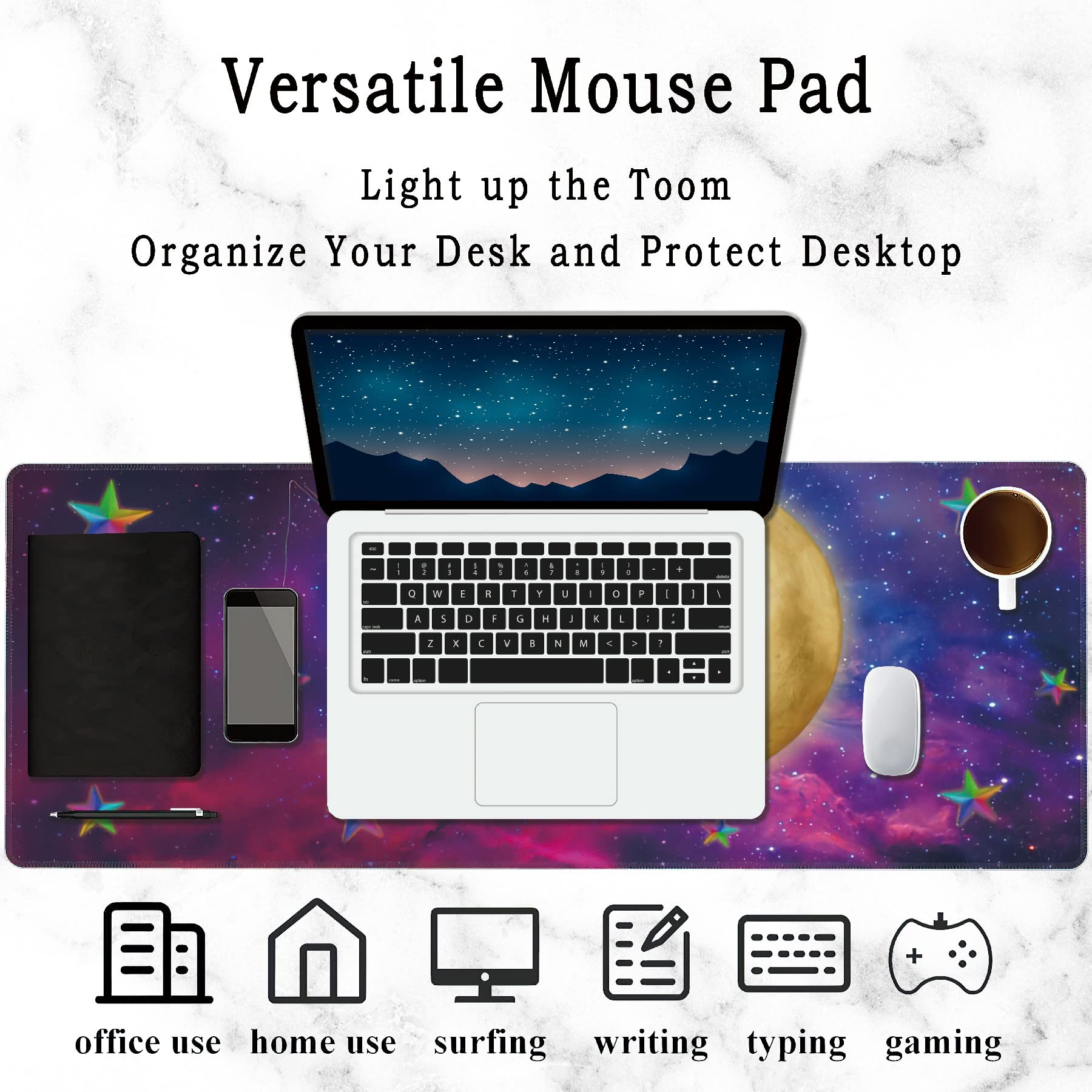 Elightvap Large Gaming Mouse Pad with Cat Moon Stars Design - Non-Slip Rubber Base & Stitched Edges - 35.5