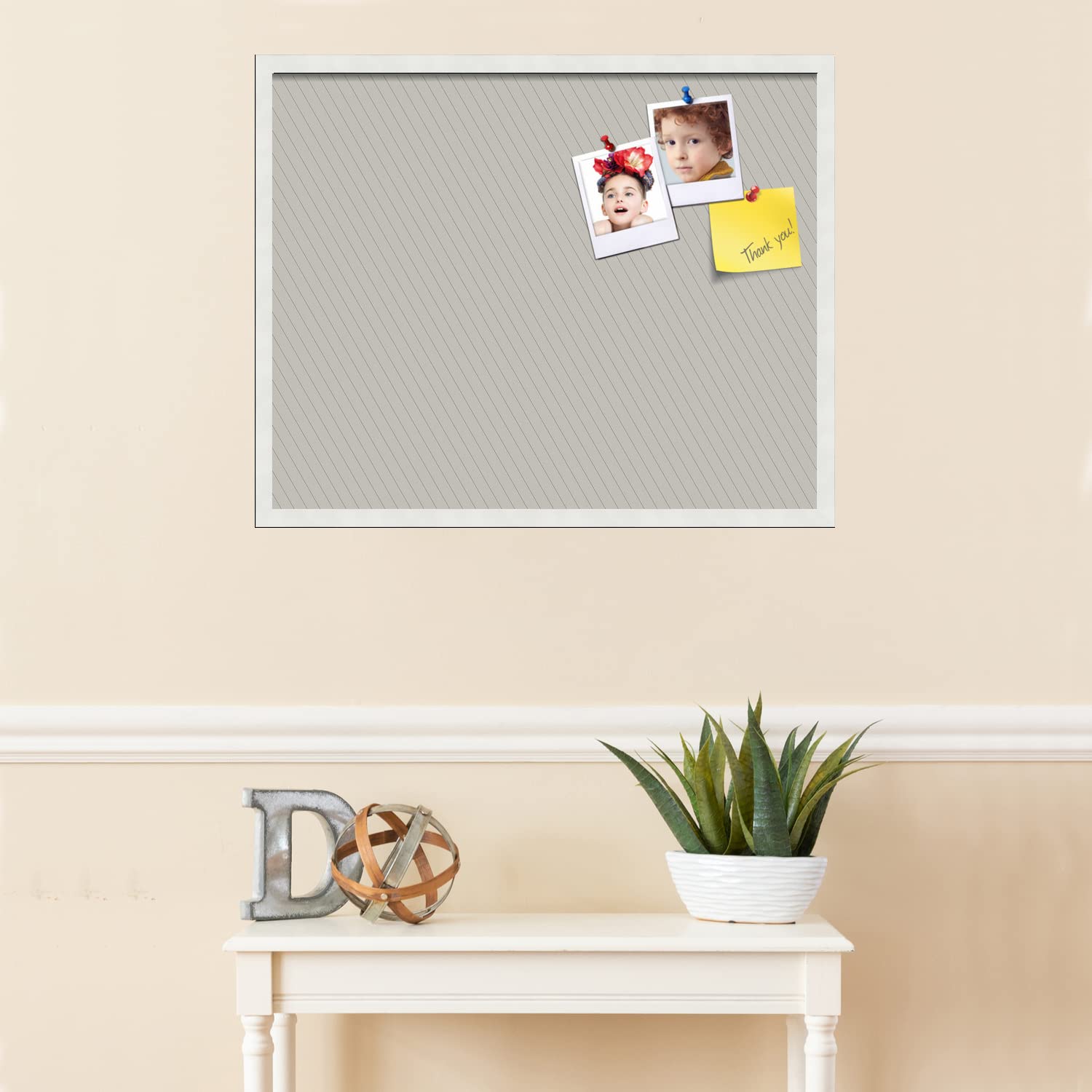 PinPix 30x24 Inch Cork Bulletin Board - Decorative Framed Pin Board with Lux Stripes Pewter Design & Satin White Frame - Perfect for Home Office Decor, School Classroom, Dorm Room Organization & Wall Memo Display (PinPix-1671)