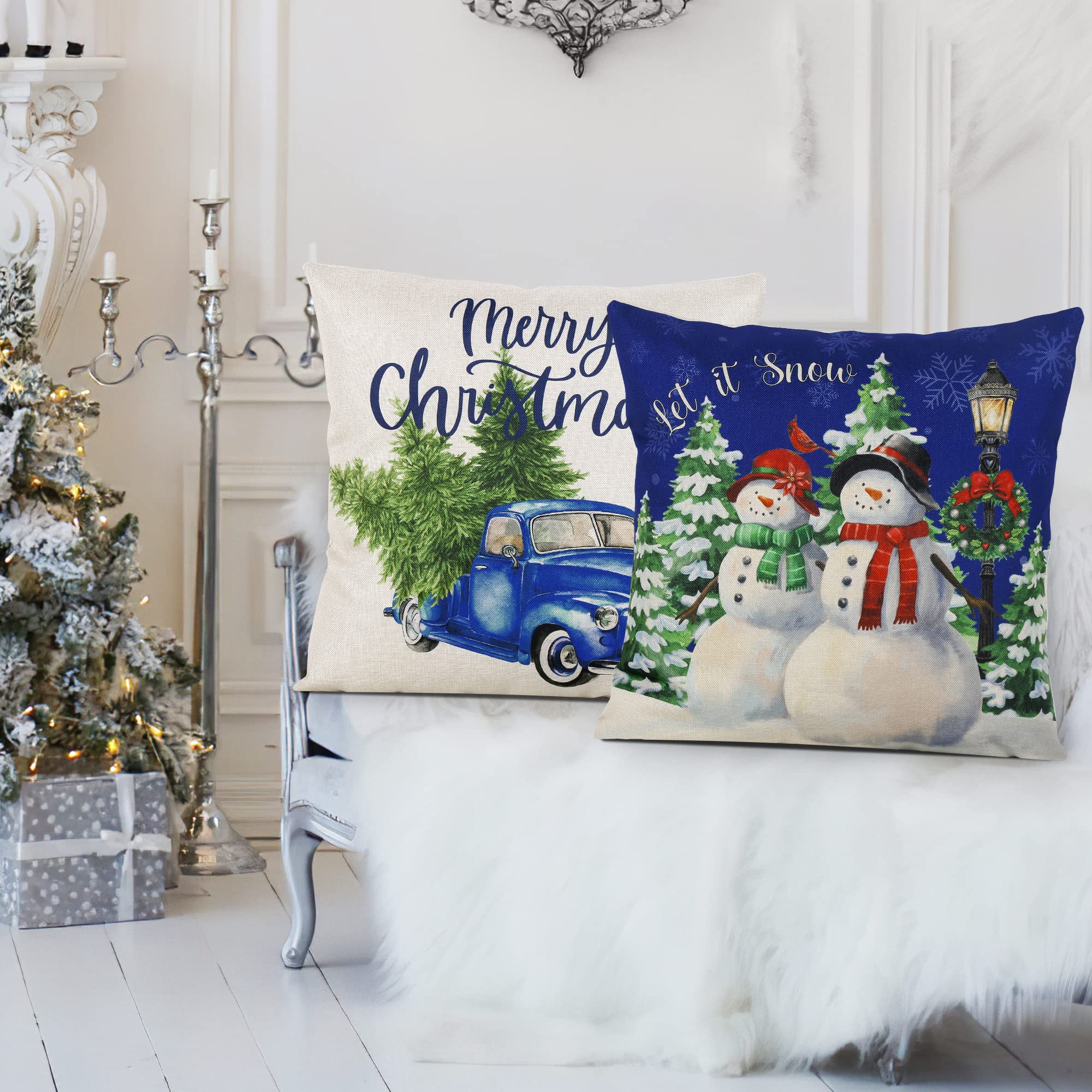 Coliuso Blue Christmas Throw Pillow Covers 18x18 Inch Set of 4 - Holiday Farmhouse Decor for Sofa, Couch, Bed, Living Room & Outdoor - Perfect for Xmas Home Decor, Winter Cozy Decorations and Seasonal Gift